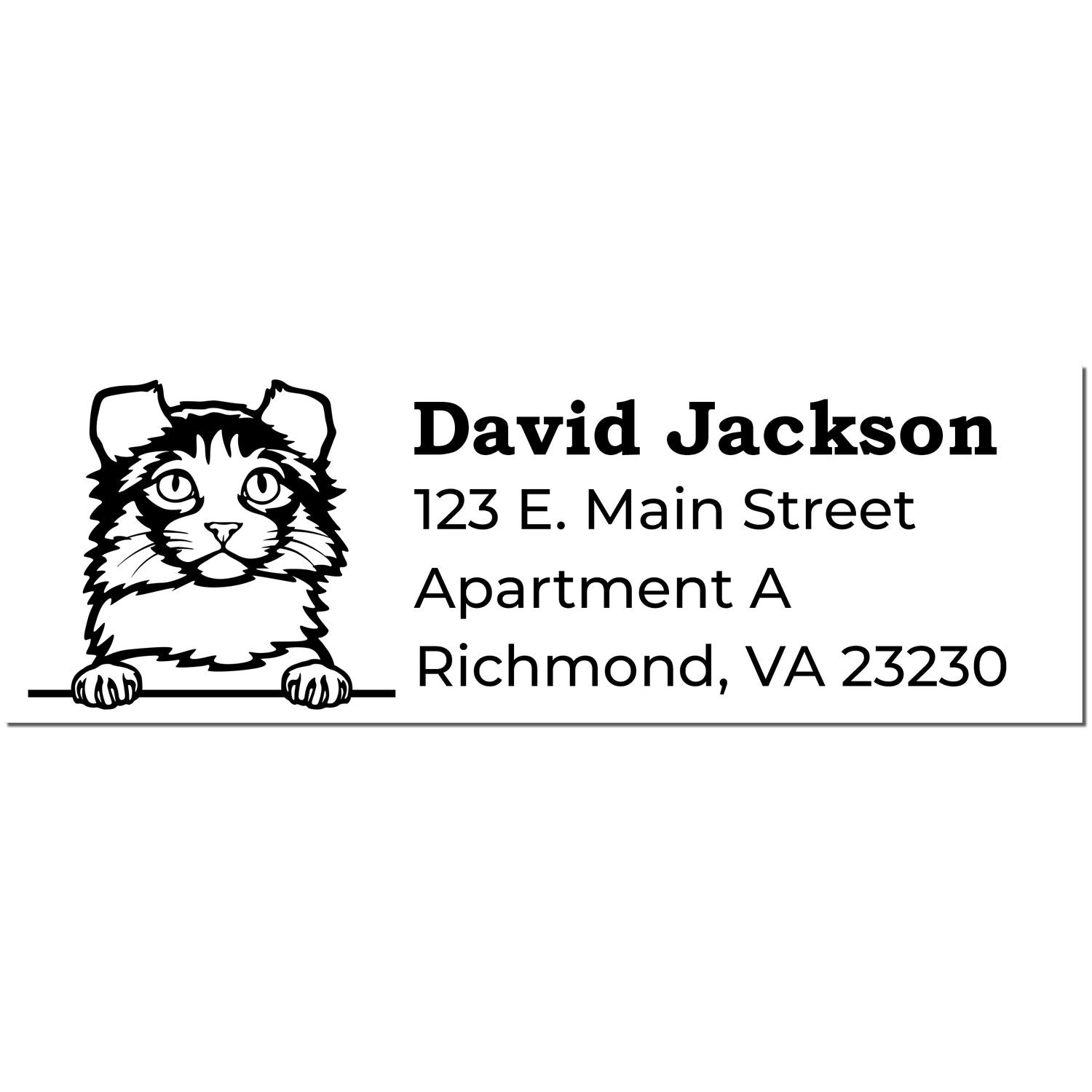 Wood Handle Kinkalow Cat Address Stamp featuring a cute cat illustration with customizable address text: David Jackson, 123 E. Main Street, Apartment A, Richmond, VA 23230.