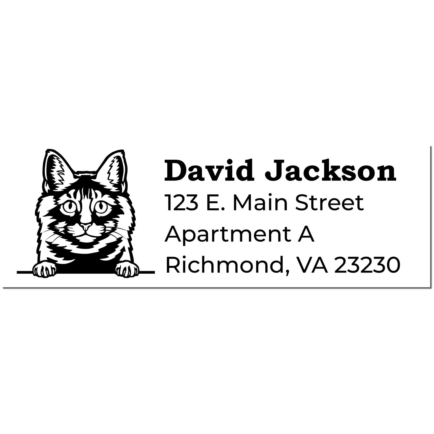 Self-Inking Kurilian Bobtail Custom Address Stamp featuring a cute cat illustration with sample text: David Jackson, 123 E. Main Street, Apartment A, Richmond, VA 23230.