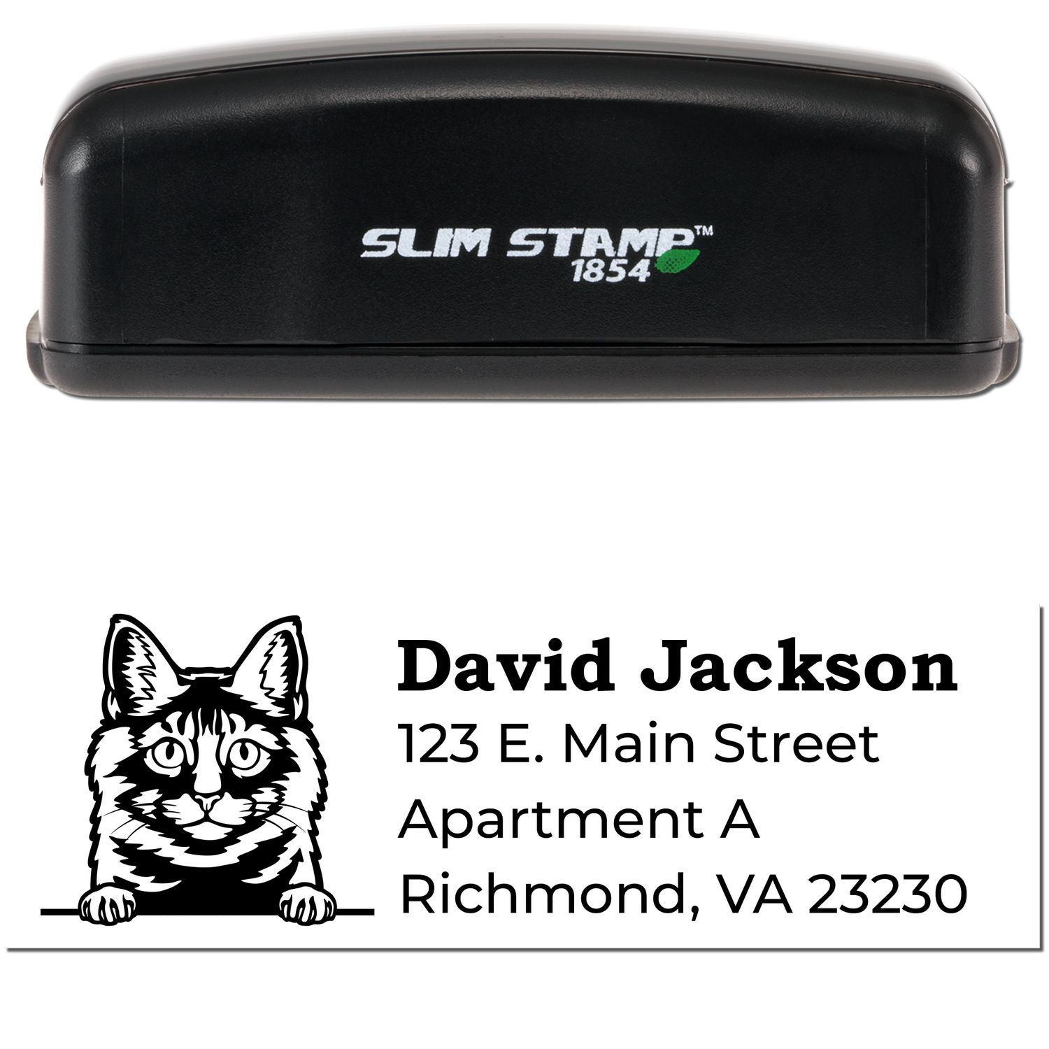 Slim Pre-Inked Kurilian Bobtail Peeking Cat Return Address Stamp with a black casing and a cute cat design above the address text.