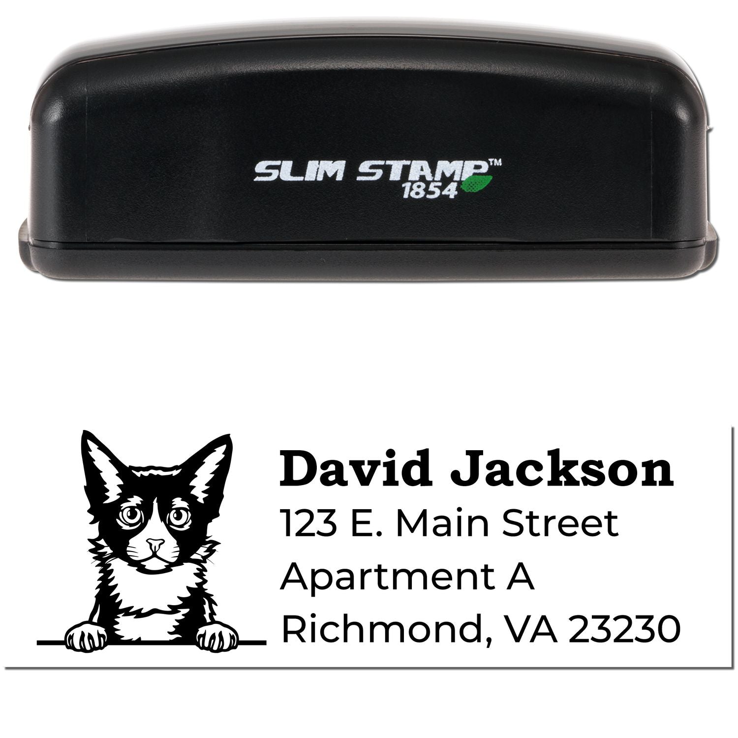 Slim Pre-Inked LaPerm Peeking Cat Return Address Stamp with a black casing. Features a cute cat illustration and sample address: David Jackson, 123 E. Main Street, Apartment A, Richmond, VA 23230.