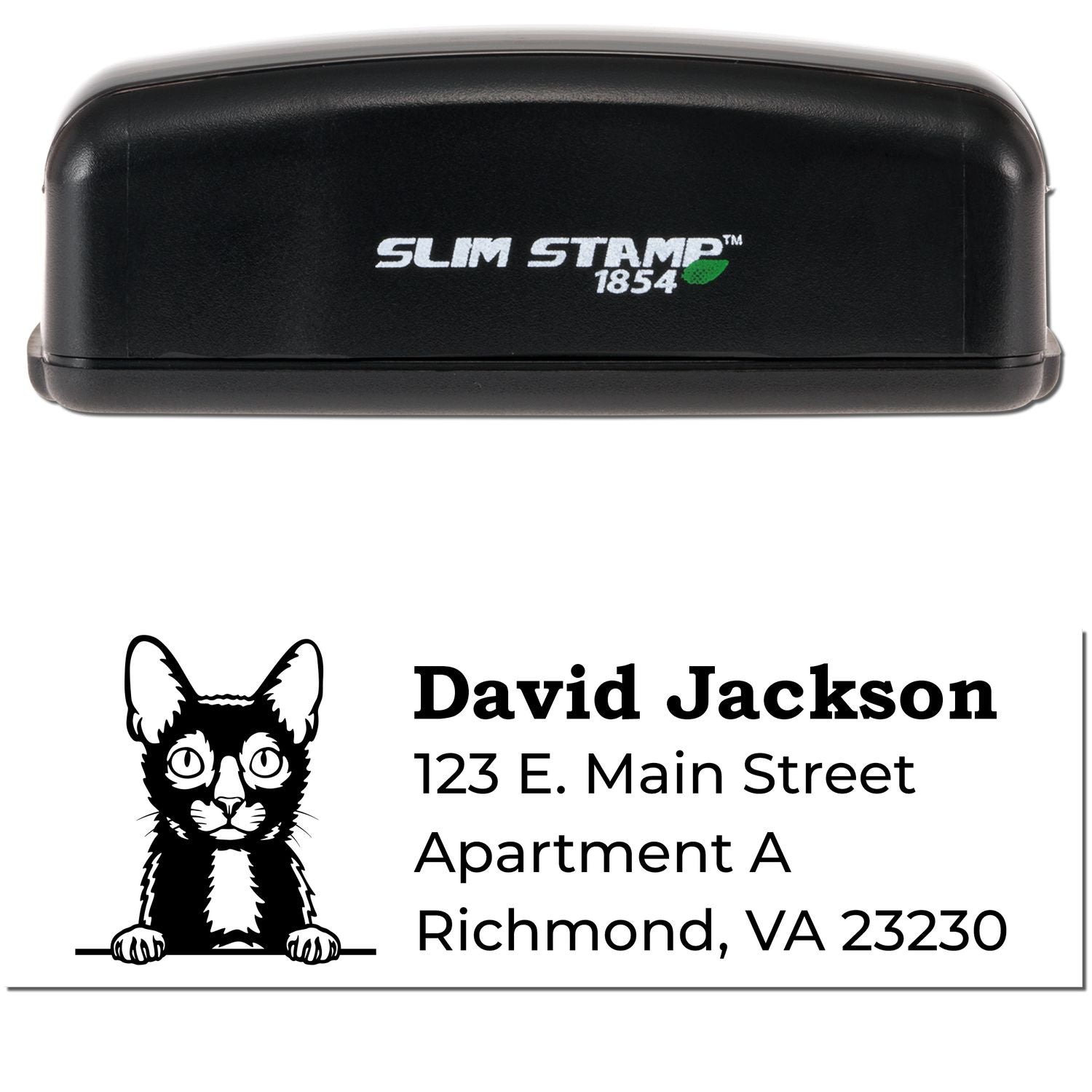 Slim Pre-Inked Lykoi Peeking Cat Return Address Stamp with a black casing. Features a cute cat illustration and customizable address text. Perfect for personalizing mail with style.