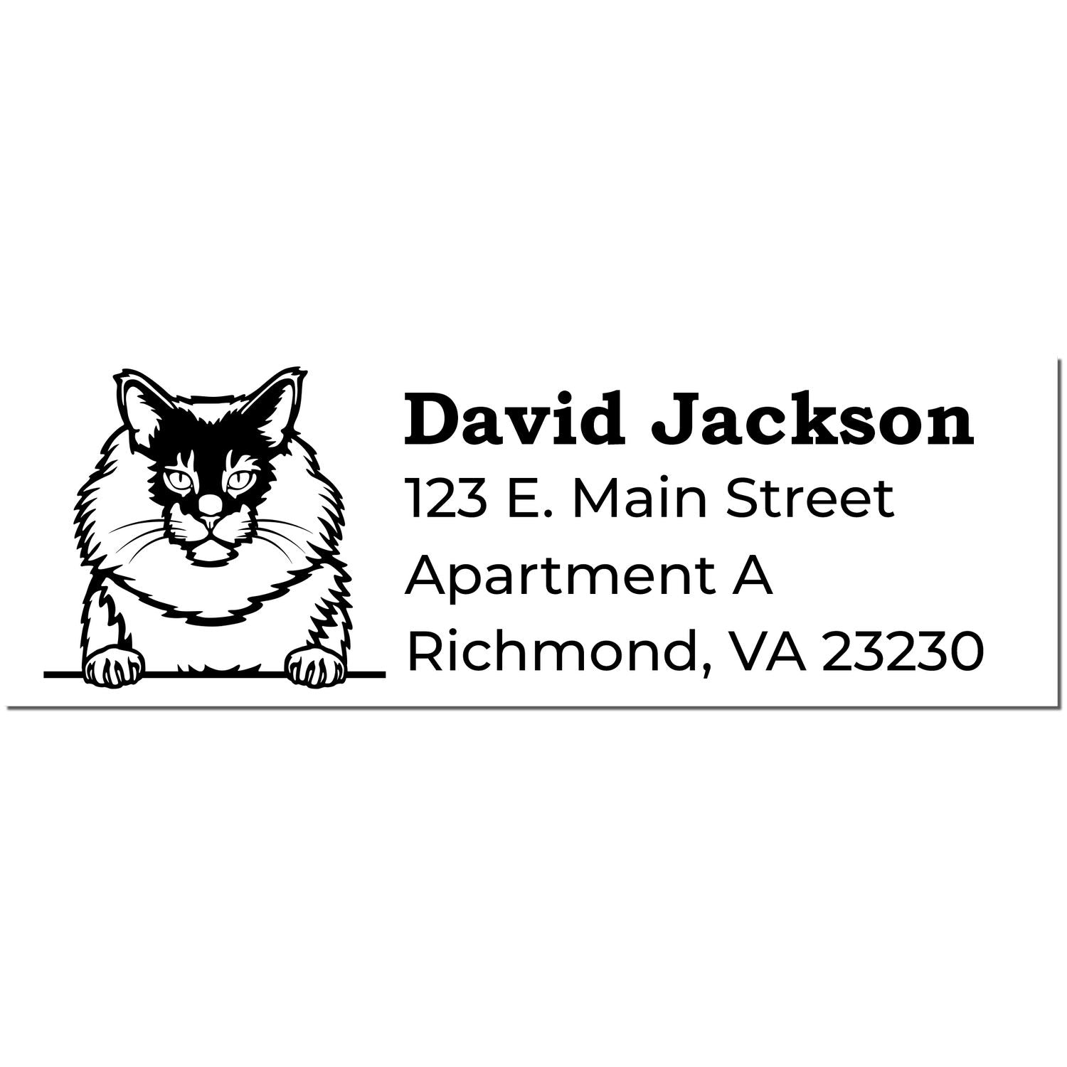 Wood Handle Maine Coon Cat Address Stamp featuring a detailed Maine Coon illustration beside customizable address text. Perfect for adding a personal touch to mail with a charming cat design.