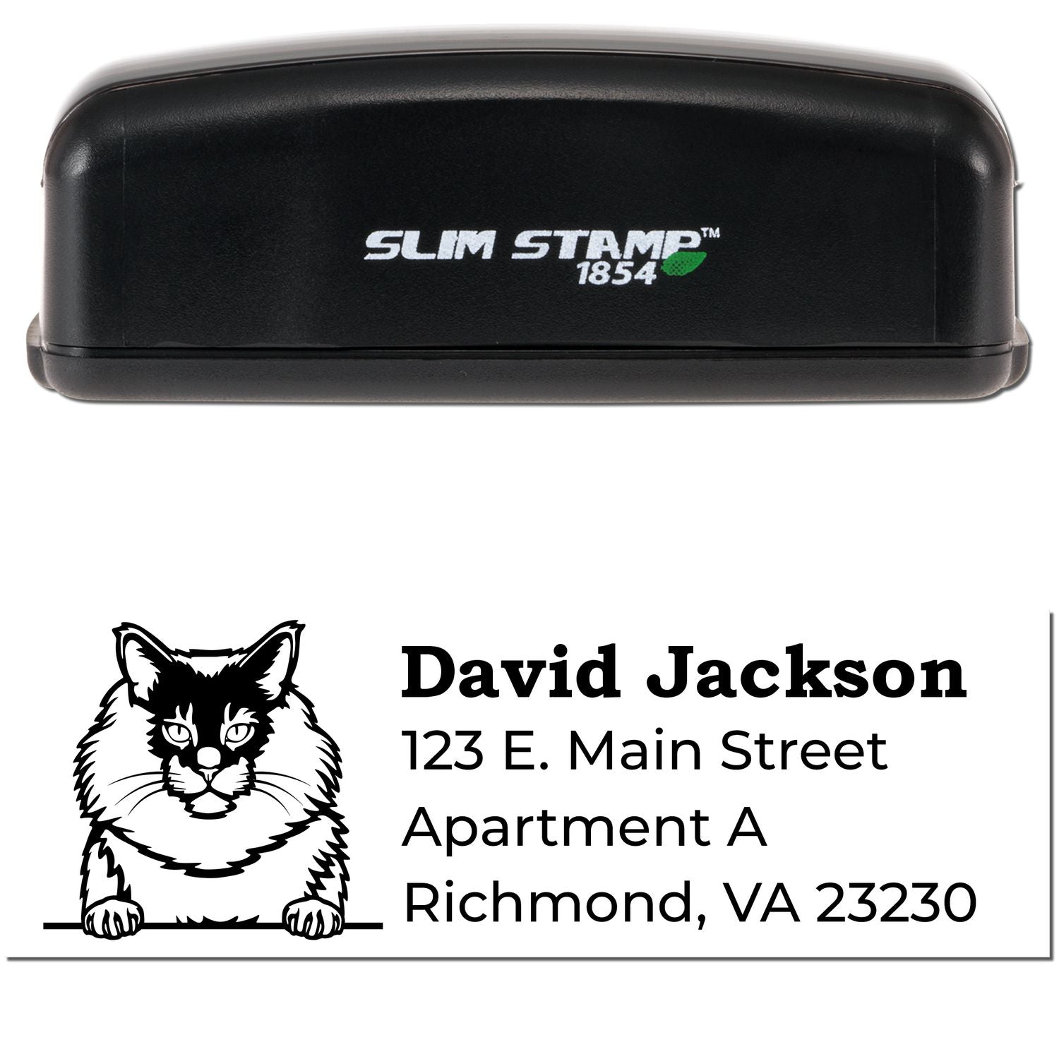 Slim Pre-Inked Maine Coon Peeking Cat Return Address Stamp with a black casing. Features a Maine Coon cat illustration above a customizable address section.