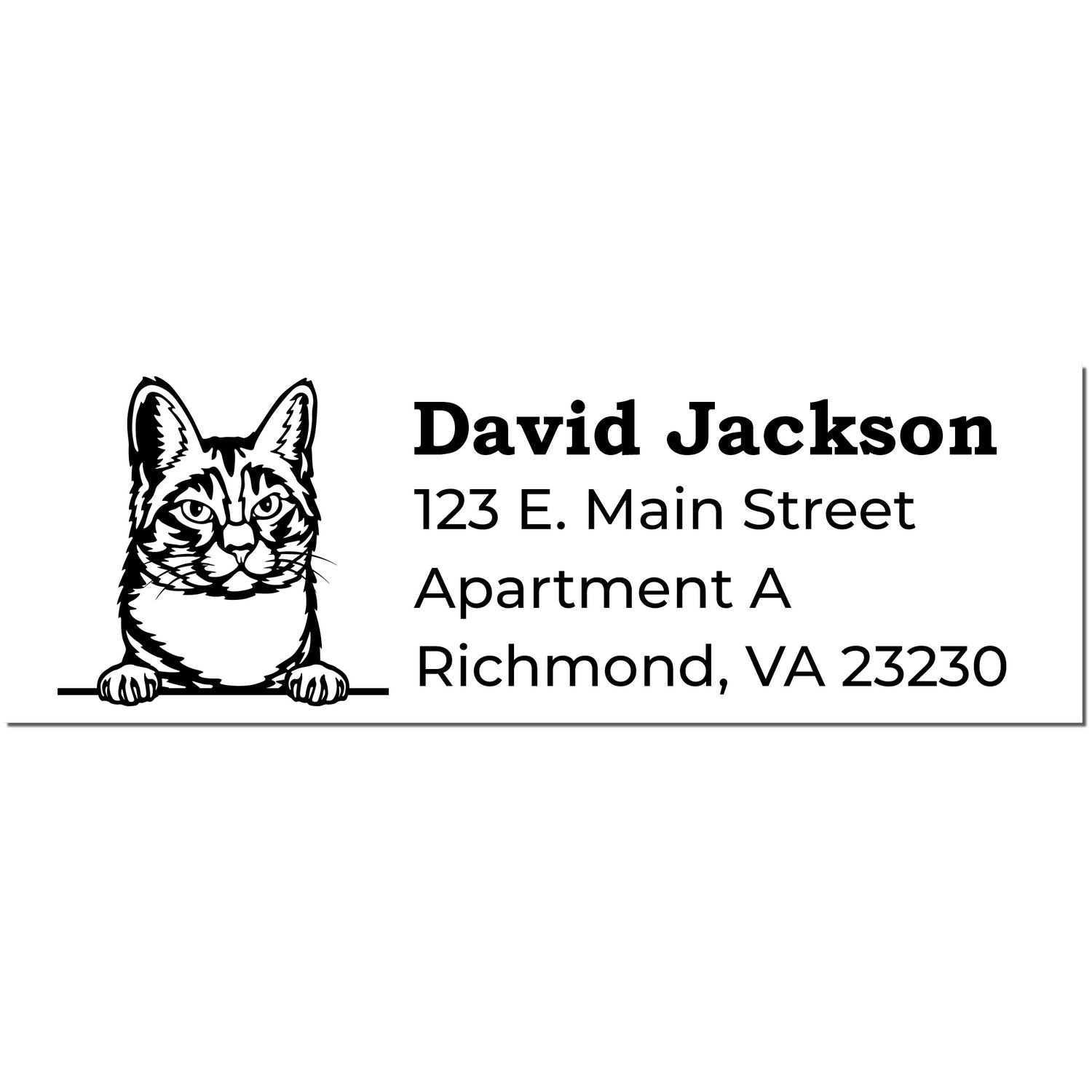 Wood Handle Manx Cat Address Stamp featuring a cute Manx cat illustration beside a sample address layout with name, street, apartment, city, and zip code in black text.