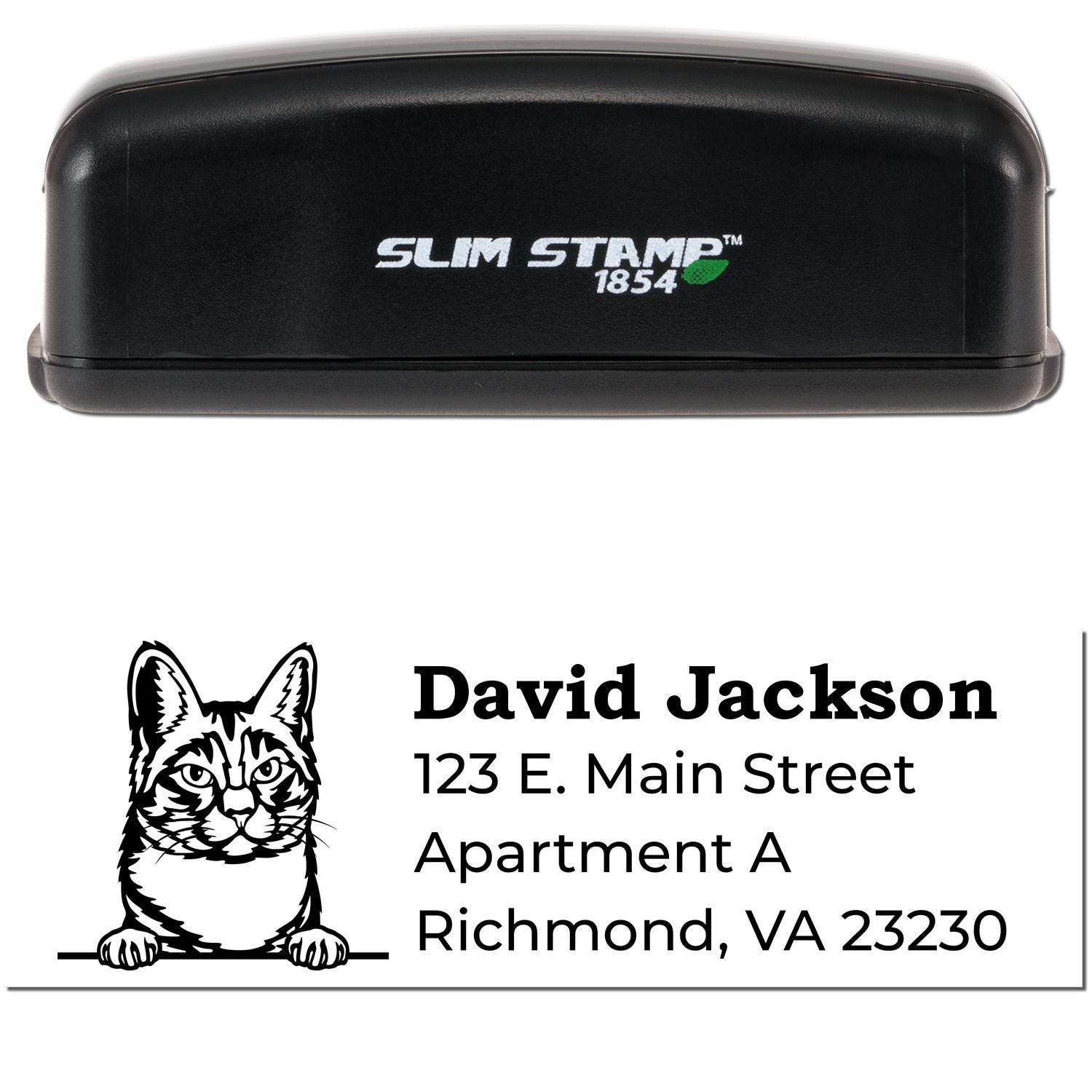 Slim Pre-Inked Manx Peeking Cat Return Address Stamp with a black casing. Features a cat illustration and sample address: David Jackson, 123 E. Main Street, Apartment A, Richmond, VA 23230.