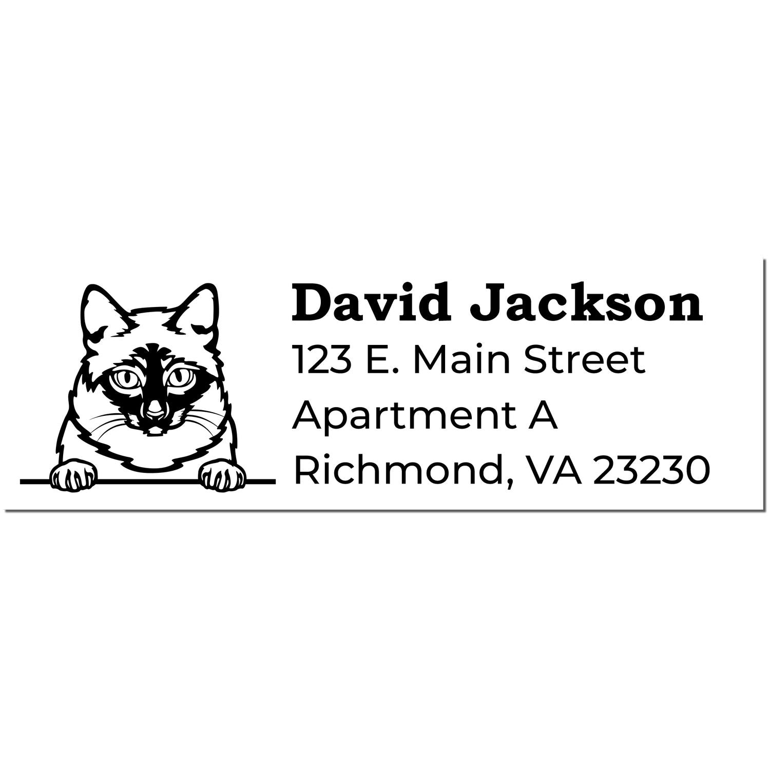 Wood Handle Mekong Bobtail Cat Address Stamp featuring a detailed cat illustration above the name and address text: David Jackson, 123 E. Main Street, Apartment A, Richmond, VA 23230.