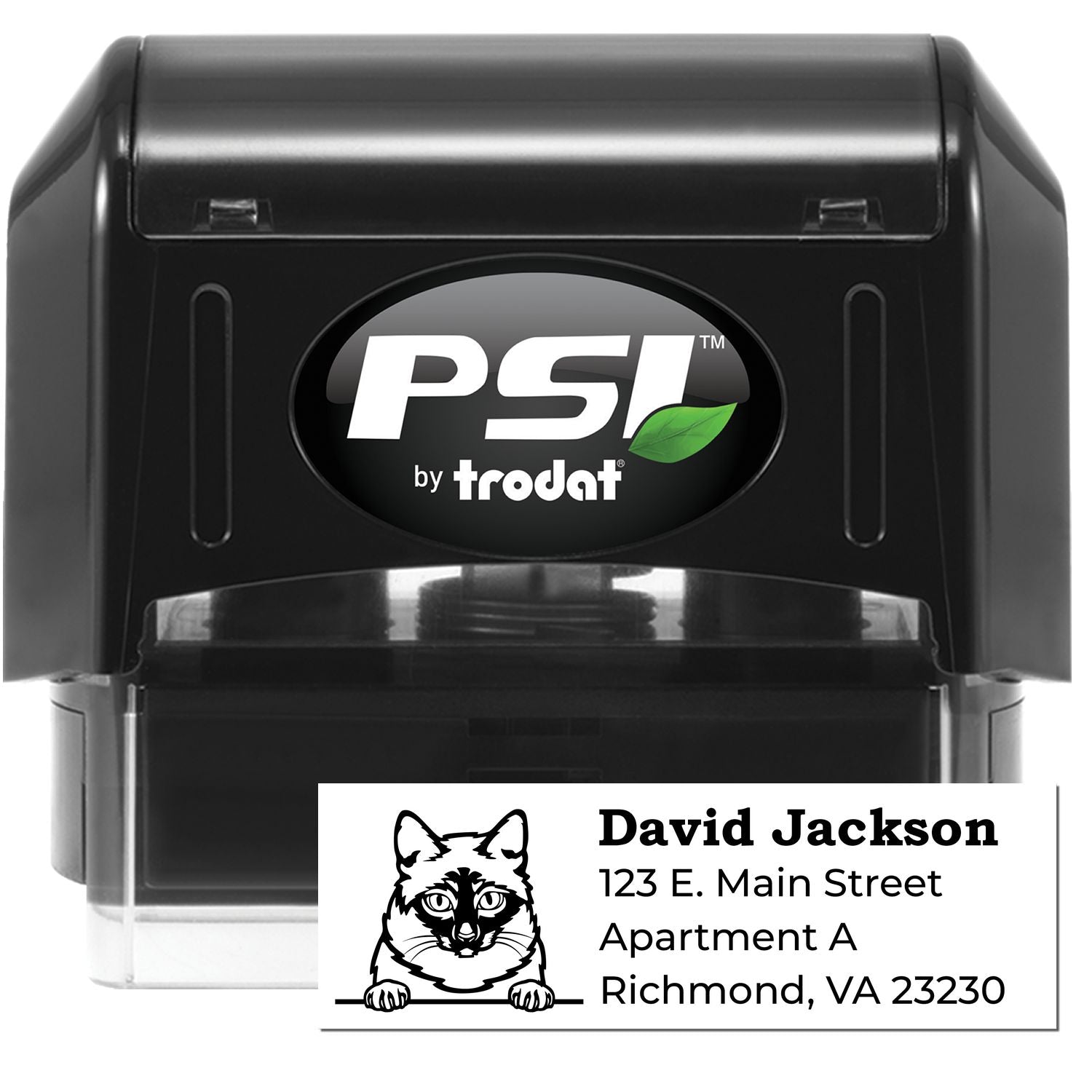 PSI Pre-Inked Peeking Mekong Bobtail Cat Personalized Address Stamp, featuring a black casing and a cute cat design, perfect for adding a personal touch to your mail with custom address details.