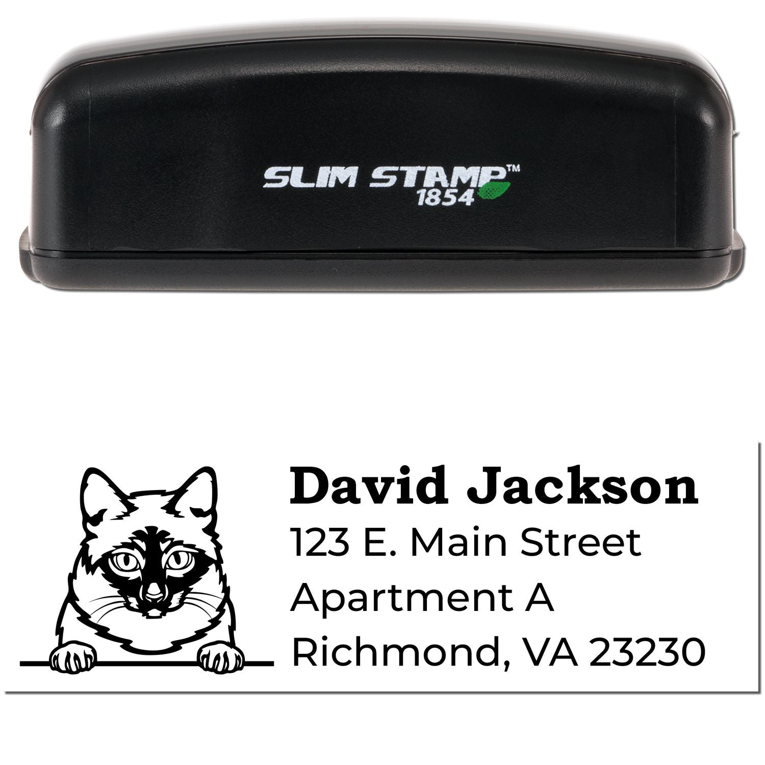 Slim Pre-Inked Mekong Bobtail Peeking Cat Return Address Stamp with a black casing. Features a cat illustration above the address: David Jackson, 123 E. Main Street, Apartment A, Richmond, VA 23230.