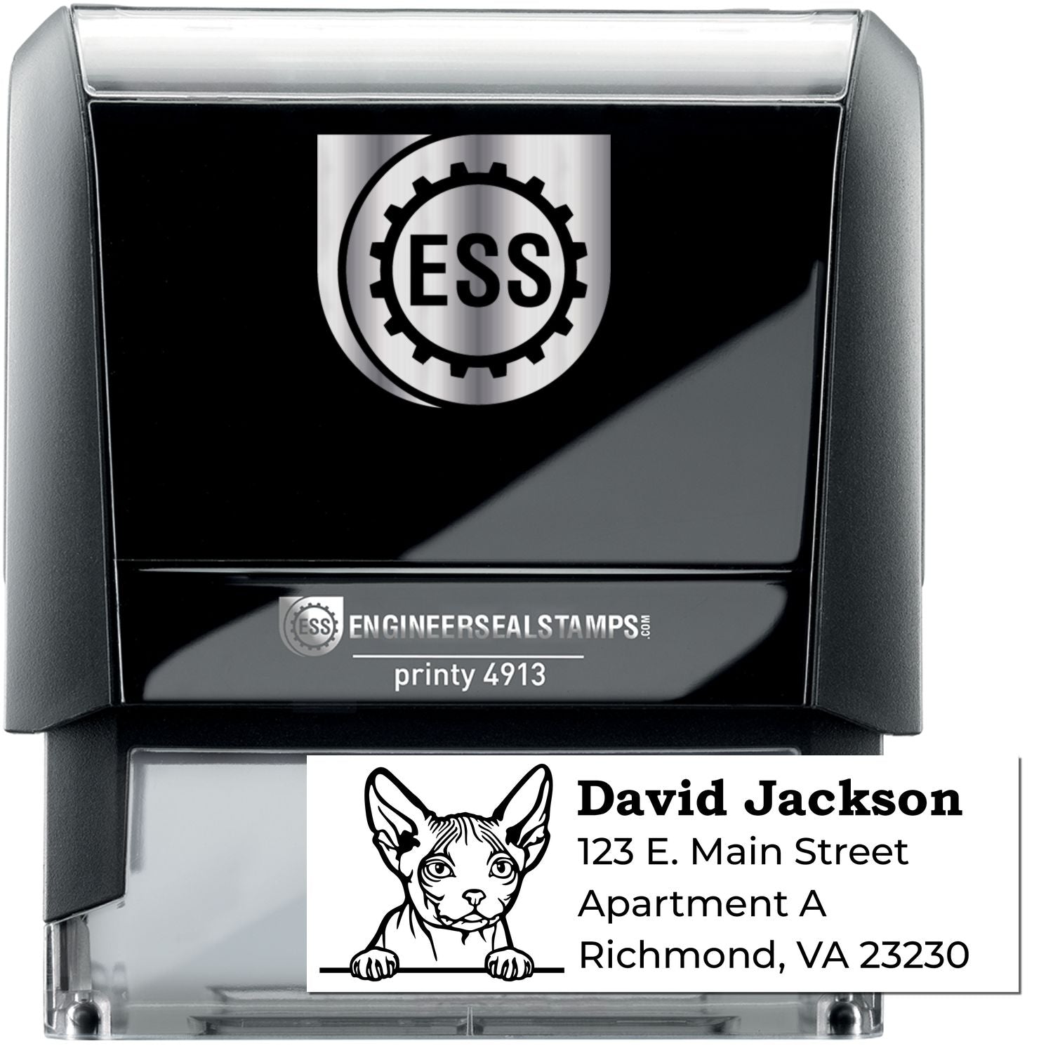 Self-Inking Minskin Custom Address Stamp with a black casing, featuring a cat design and sample address text. Ideal for personalizing mail with ease and style.