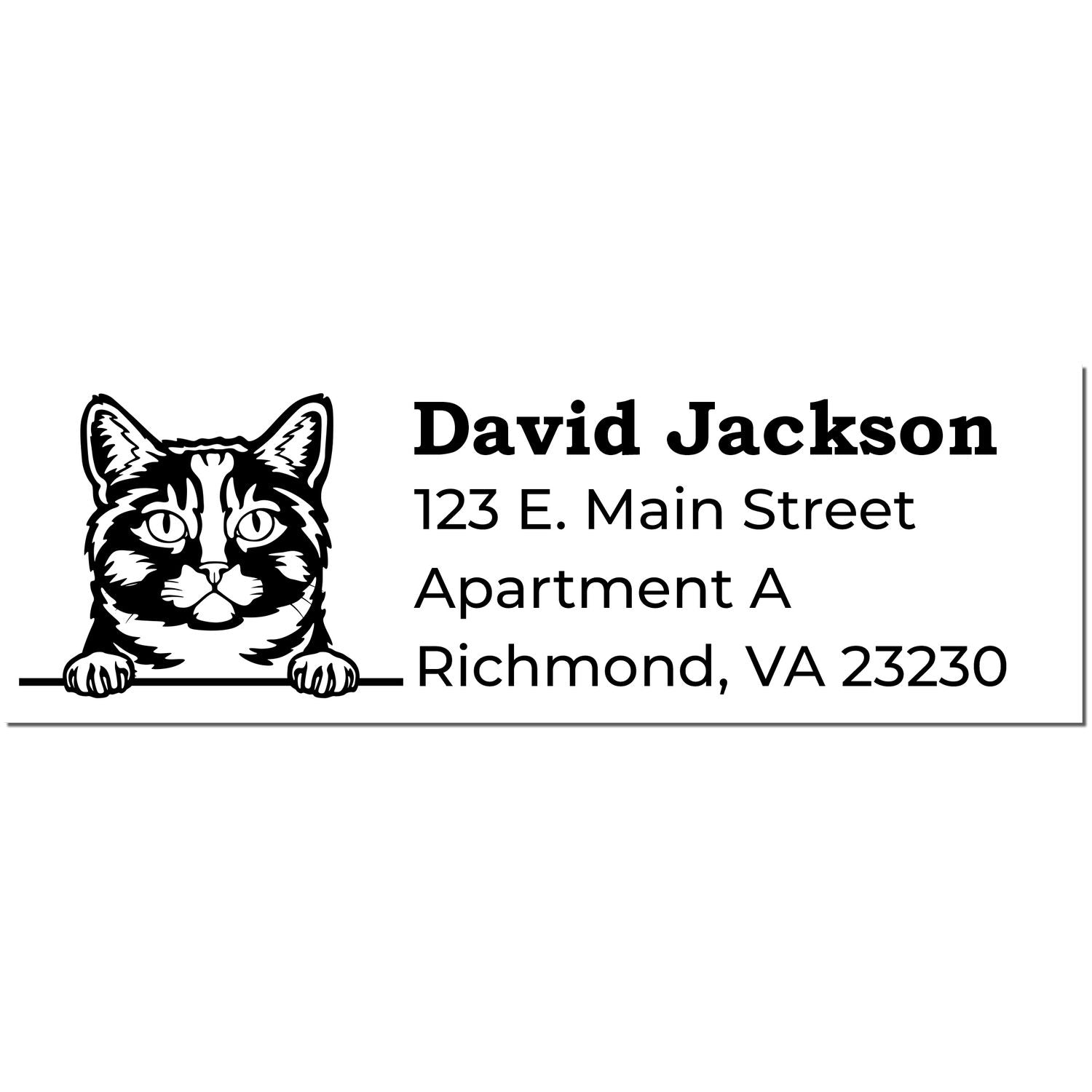 Wood Handle Munchkin Cat Address Stamp featuring a cute cat illustration above a sample address. Perfect for personalizing mail with a playful touch.