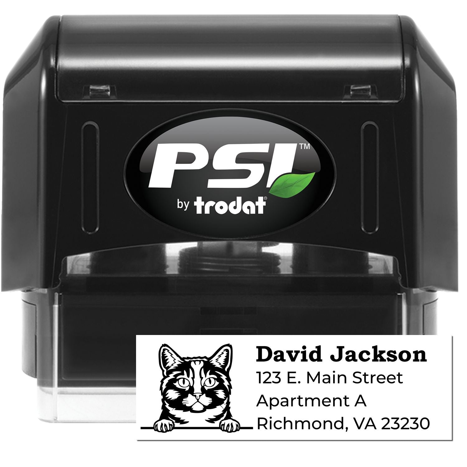 PSI Pre-Inked Peeking Munchkin Cat Personalized Address Stamp featuring a cute cat design. Includes customizable address area. Black casing with PSI logo. Perfect for personalizing mail.