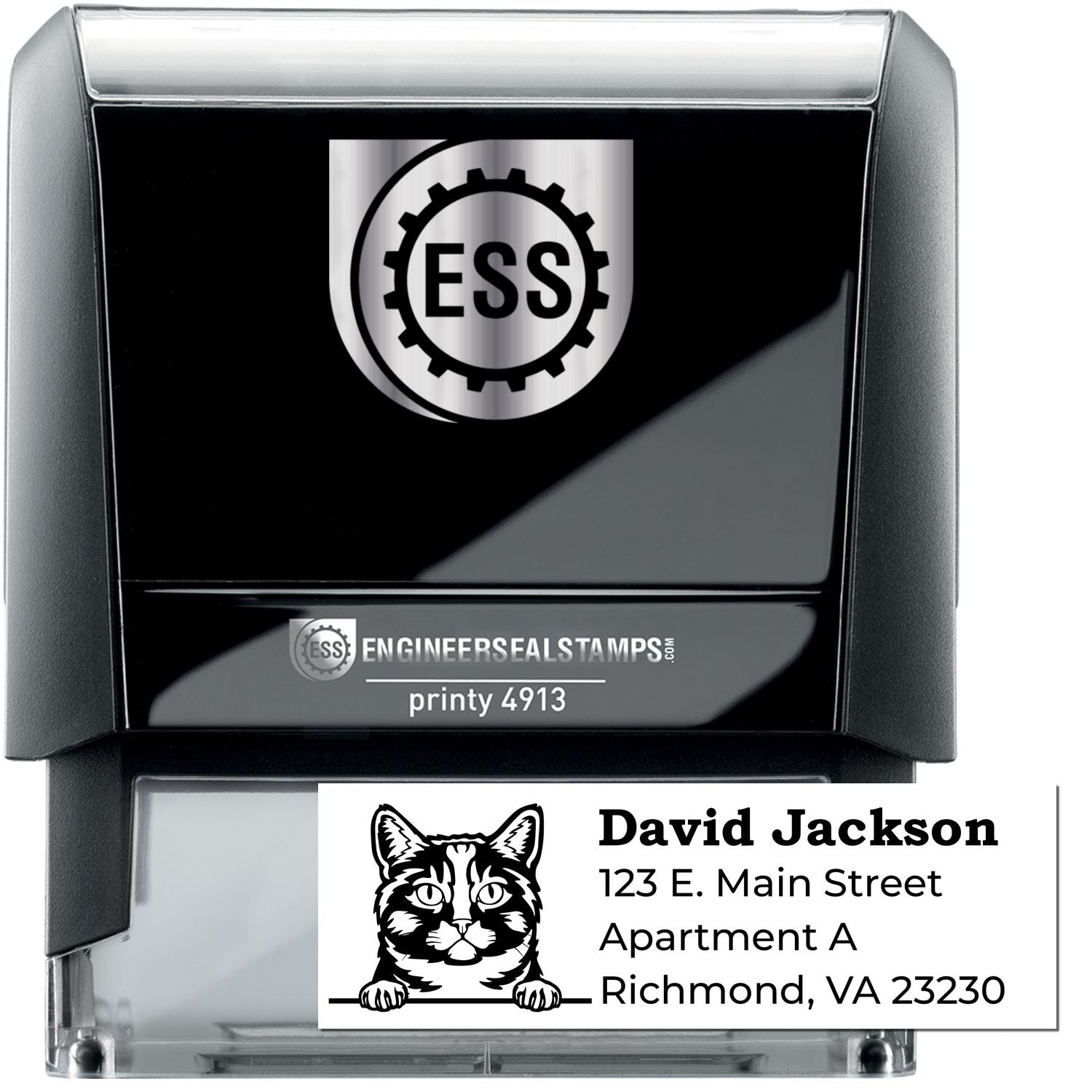 Self-Inking Munchkin Custom Address Stamp with a black casing, featuring a cat design and sample address. Ideal for personalizing mail with ease and style.