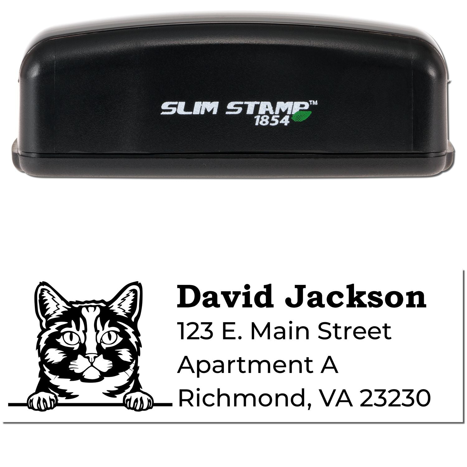 Slim Pre-Inked Munchkin Peeking Cat Return Address Stamp with a black casing. Features a cute cat illustration above the address text. Perfect for personalizing mail with style.