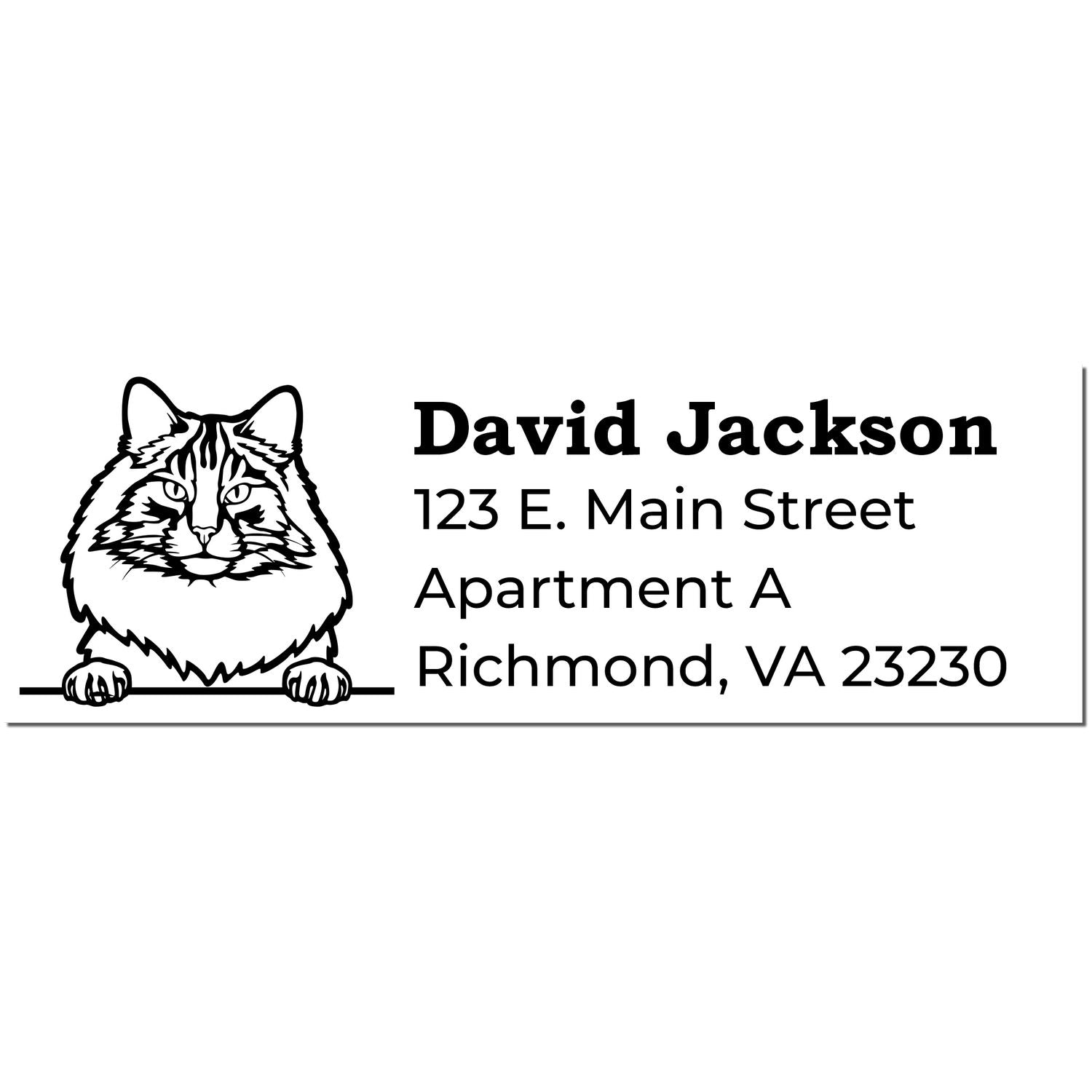 Self-Inking Norwegian Forest Cat Custom Address Stamp featuring a detailed cat illustration with sample text: David Jackson, 123 E. Main Street, Apartment A, Richmond, VA 23230.