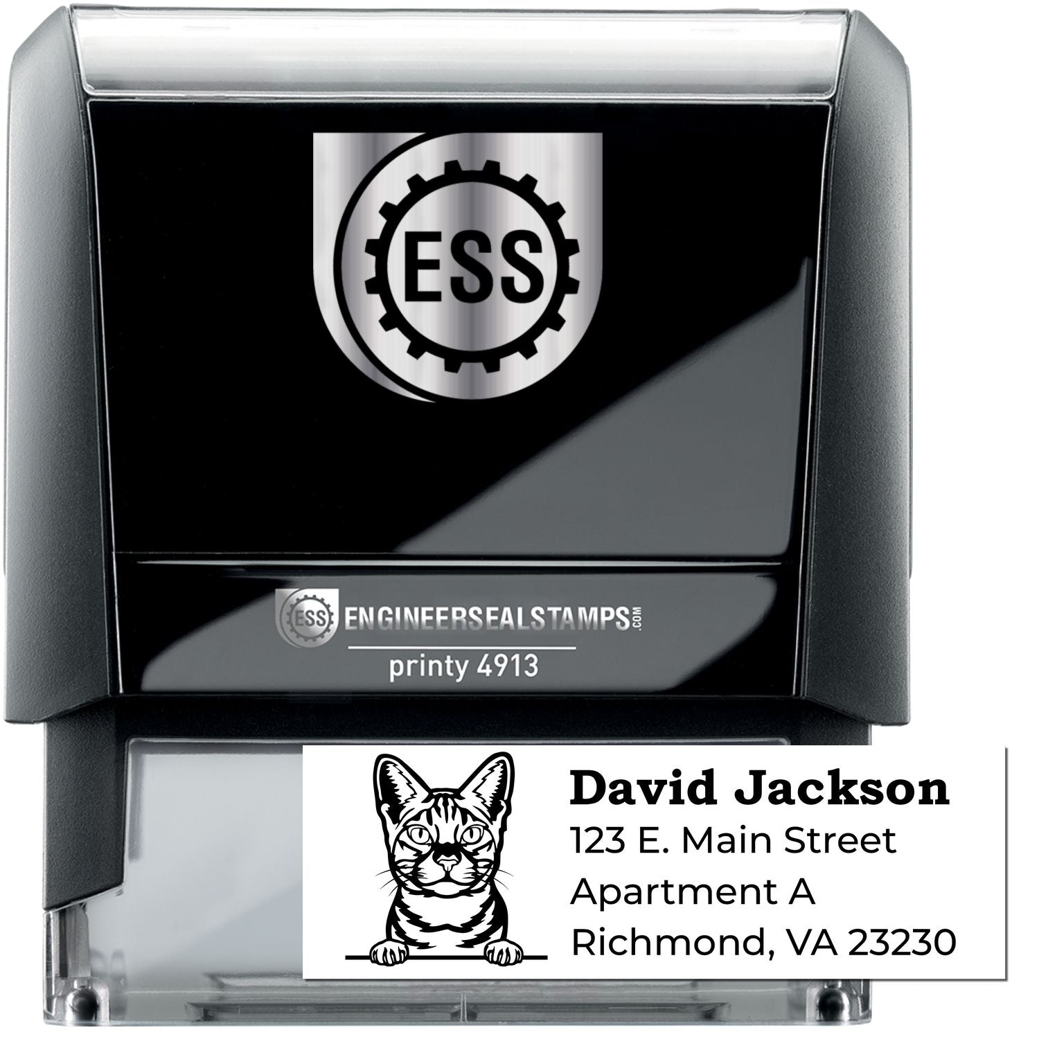 Self-Inking Ocicat Custom Address Stamp featuring a black casing with a clear base. Includes a sample address with an ocicat illustration, perfect for personalized mailings.