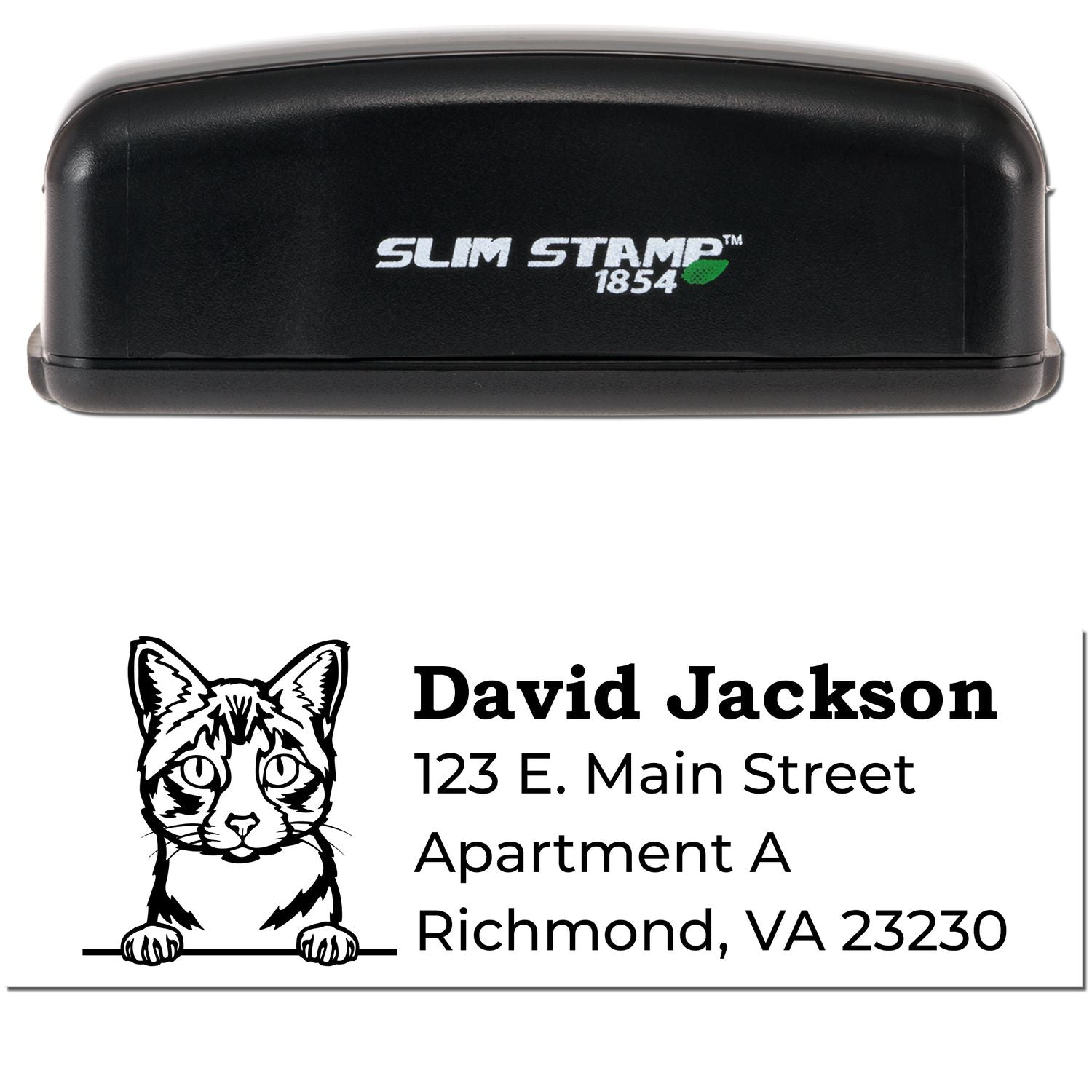 Slim Pre-Inked Ojos Azules Peeking Cat Return Address Stamp featuring a black casing and a cute cat design with address details. Perfect for adding a personal touch to your mail.