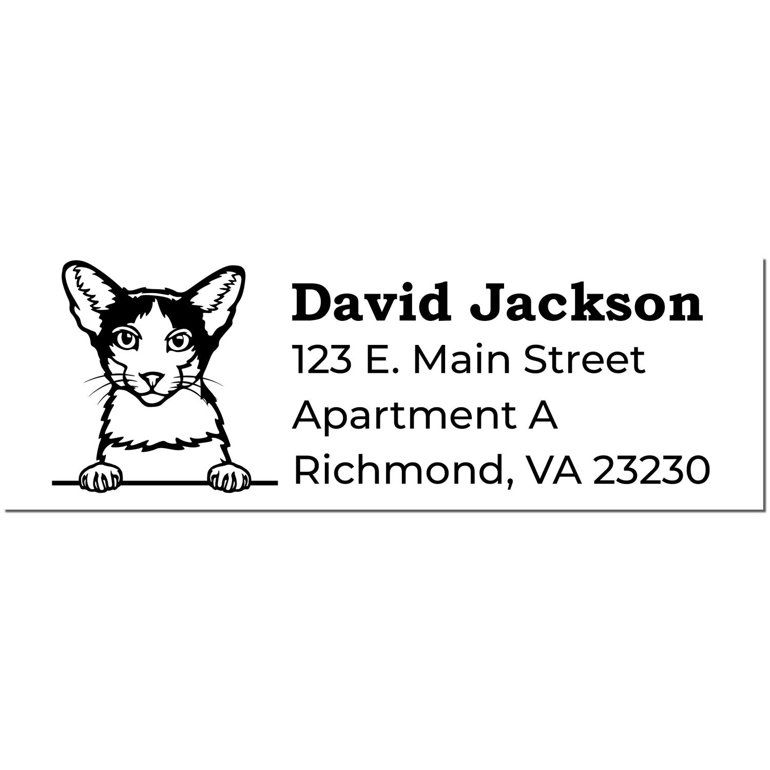 Self-Inking Oriental Bicolor Custom Address Stamp featuring a cat illustration and sample address for David Jackson, 123 E. Main Street, Apartment A, Richmond, VA 23230.