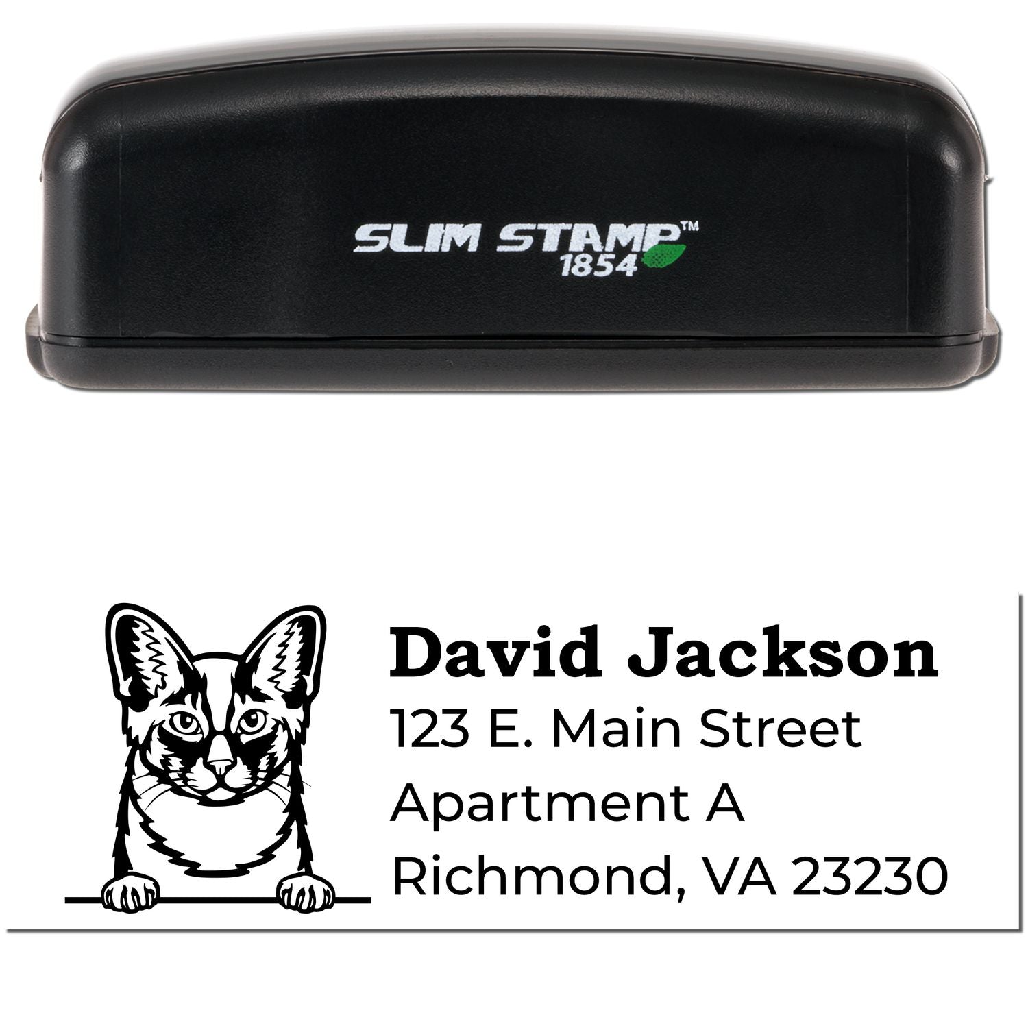 Slim Pre-Inked Oriental Longhair Peeking Cat Return Address Stamp featuring a black casing and a cute cat illustration. Personalize with your address for a stylish and efficient stamping solution.