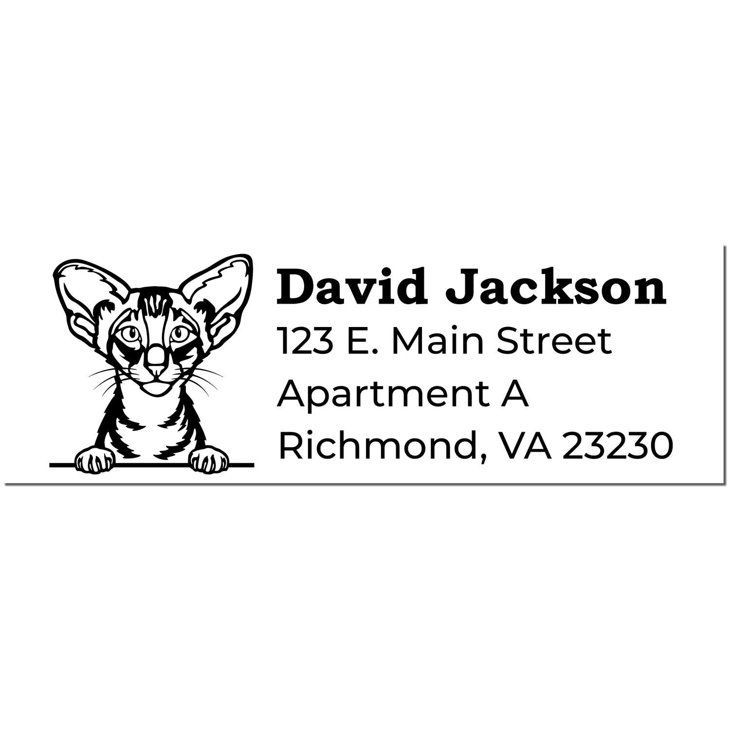 Self-Inking Oriental Shorthair Custom Address Stamp featuring a cat illustration with personalized address details for David Jackson, 123 E. Main Street, Apartment A, Richmond, VA 23230.