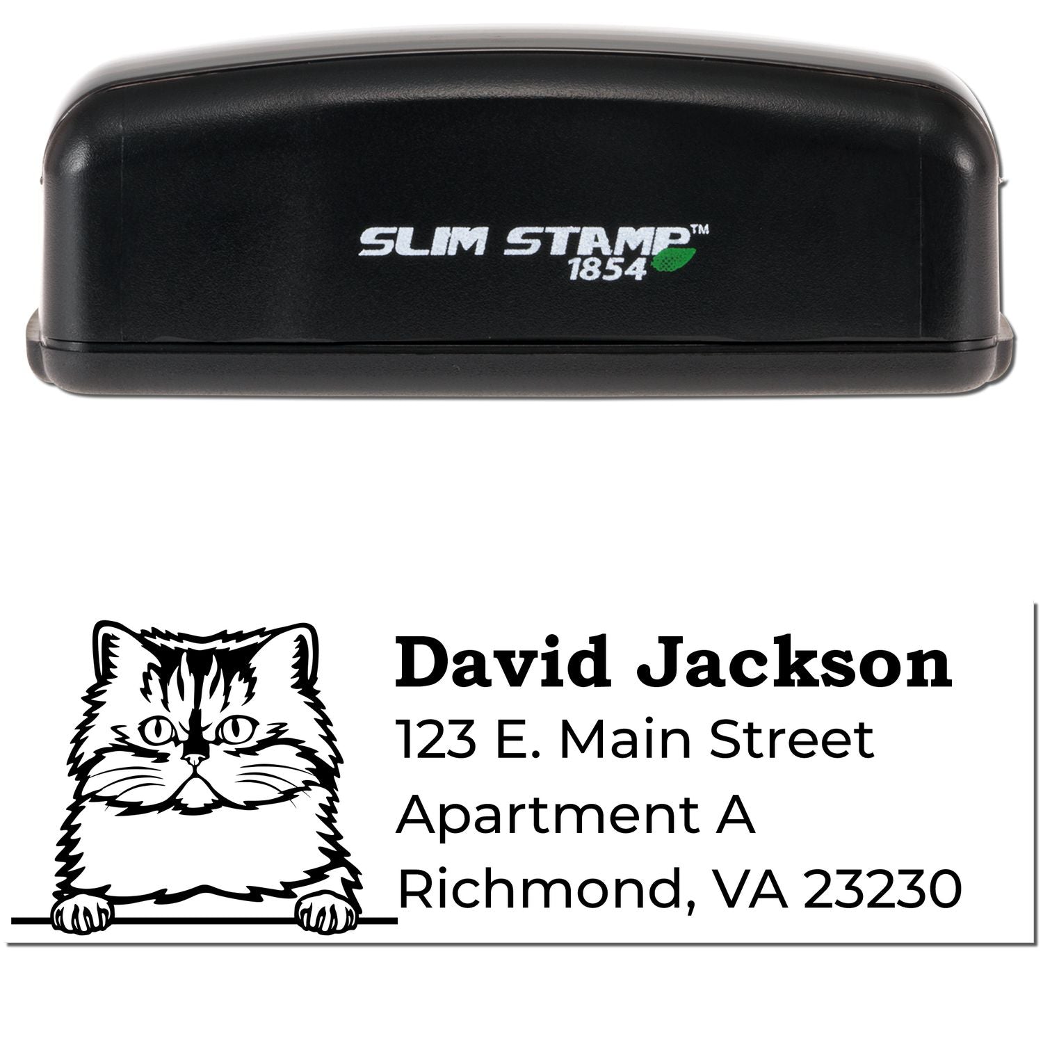 Slim Pre-Inked Persian Peeking Cat Return Address Stamp with a black casing. Features a Persian cat illustration above the address text. Ideal for personalized mailings.