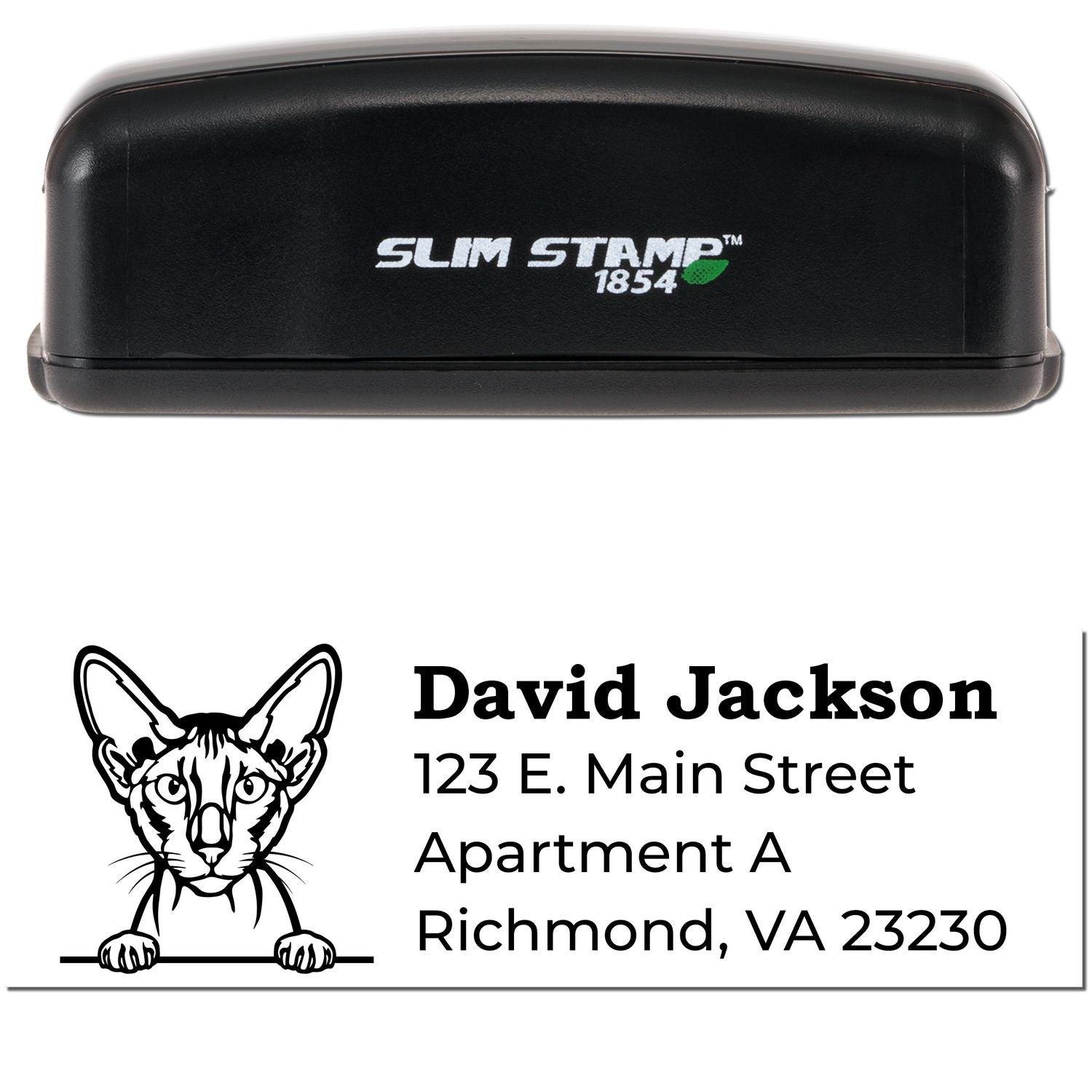 Slim Pre-Inked Peterbald Peeking Cat Return Address Stamp with a black casing. Features a cat illustration and sample address: David Jackson, 123 E. Main Street, Richmond, VA 23230.