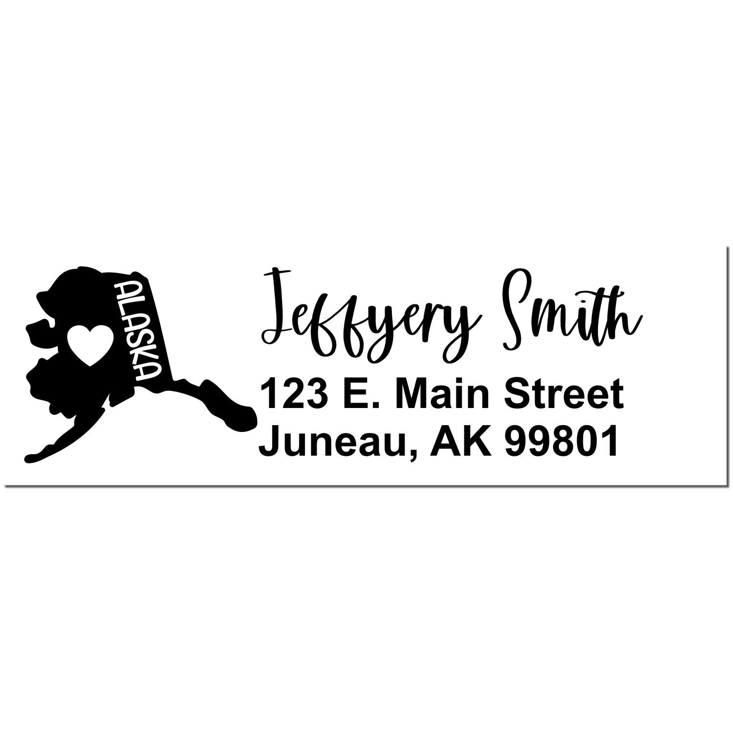 State Love of Alaska Custom Address Stamp Self-Inking featuring a heart design on Alaska's map, personalized with 'Jeffery Smith, 123 E. Main Street, Juneau, AK 99801' in elegant script.