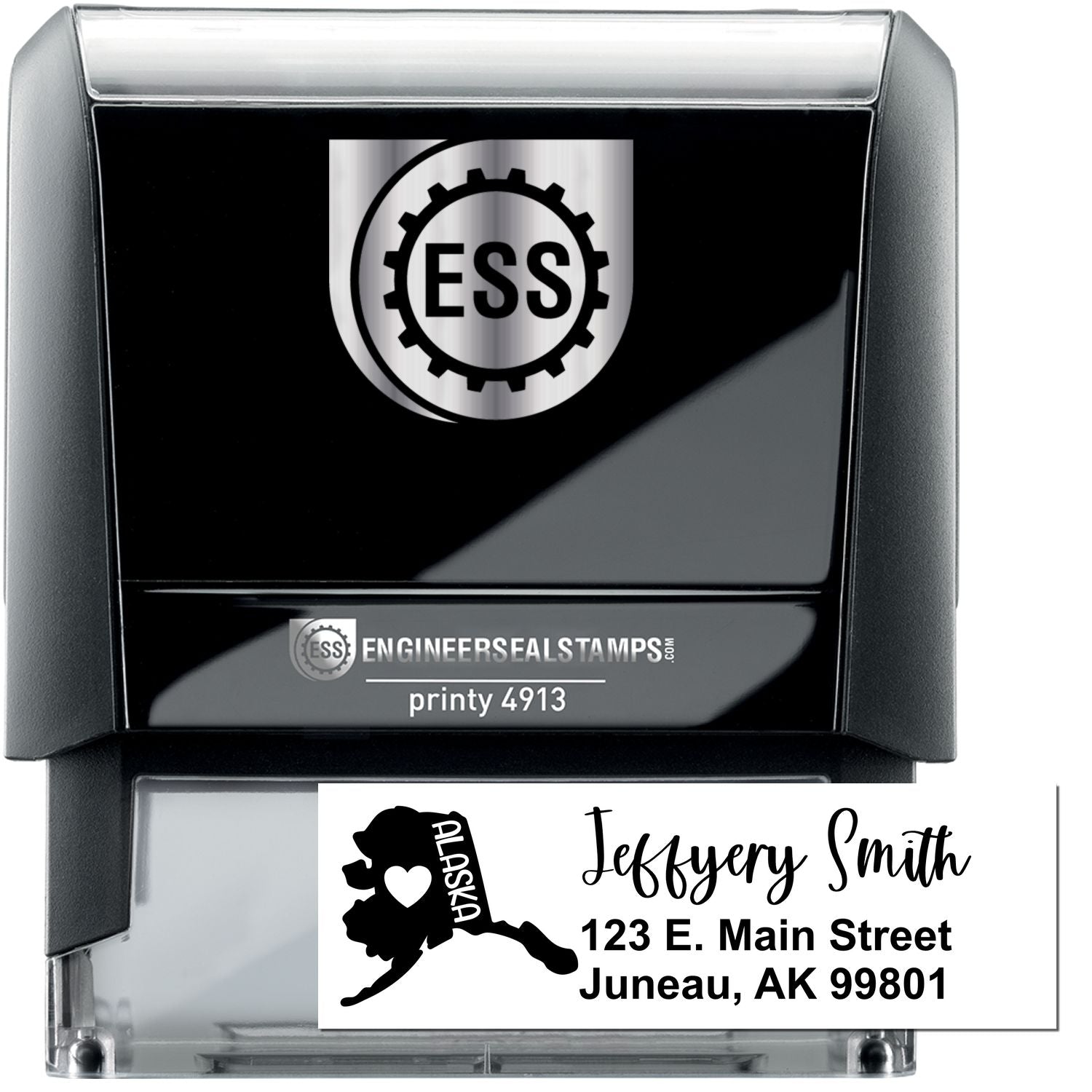 State Love of Alaska Custom Address Stamp Self-Inking, featuring a black casing with ESS logo, personalized with Jeffery Smith, 123 E. Main Street, Juneau, AK 99801 in elegant font.