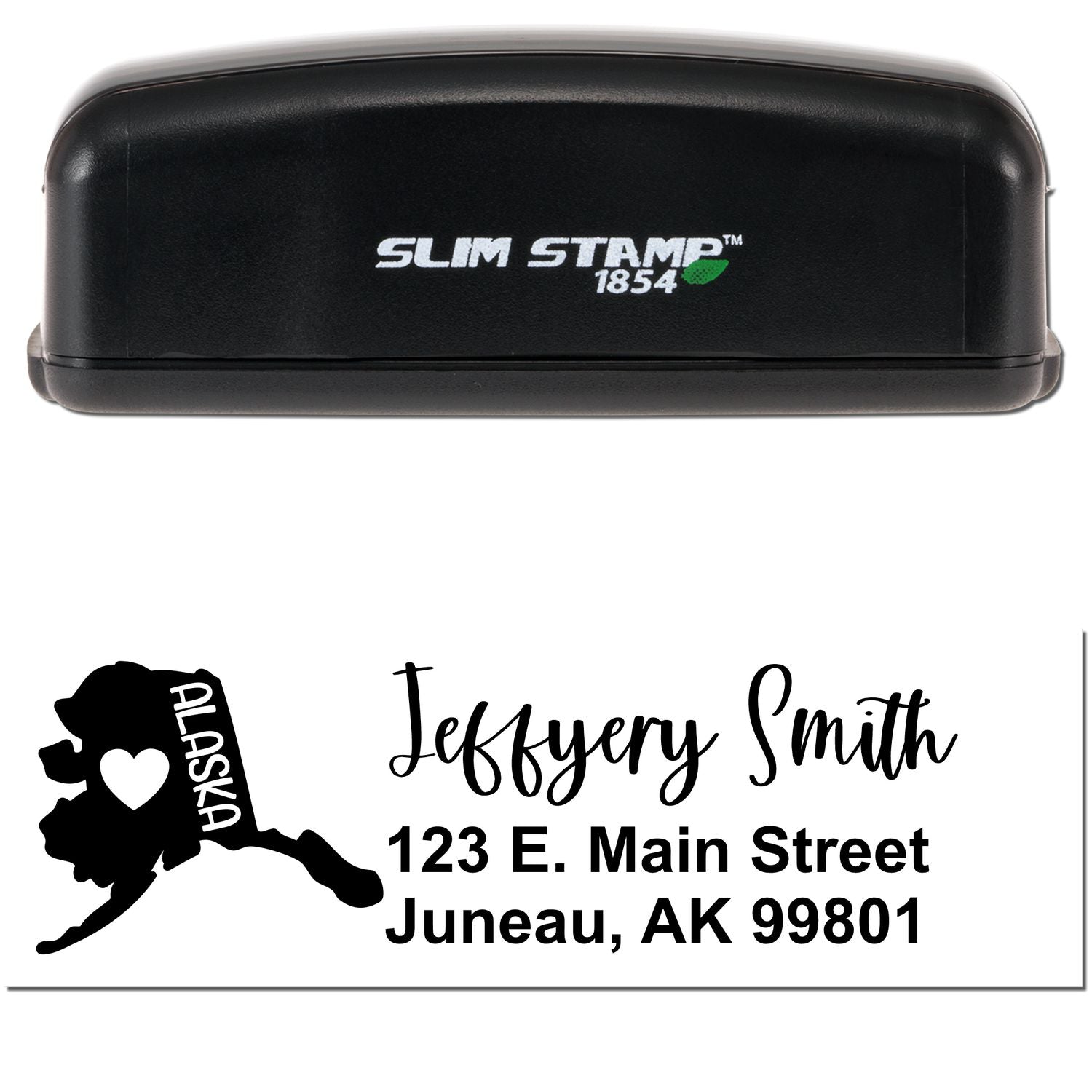 Slim Alaska Custom Address Stamp for Envelopes featuring a black casing and personalized address design with Alaska state outline. Ideal for adding a personal touch to mail.