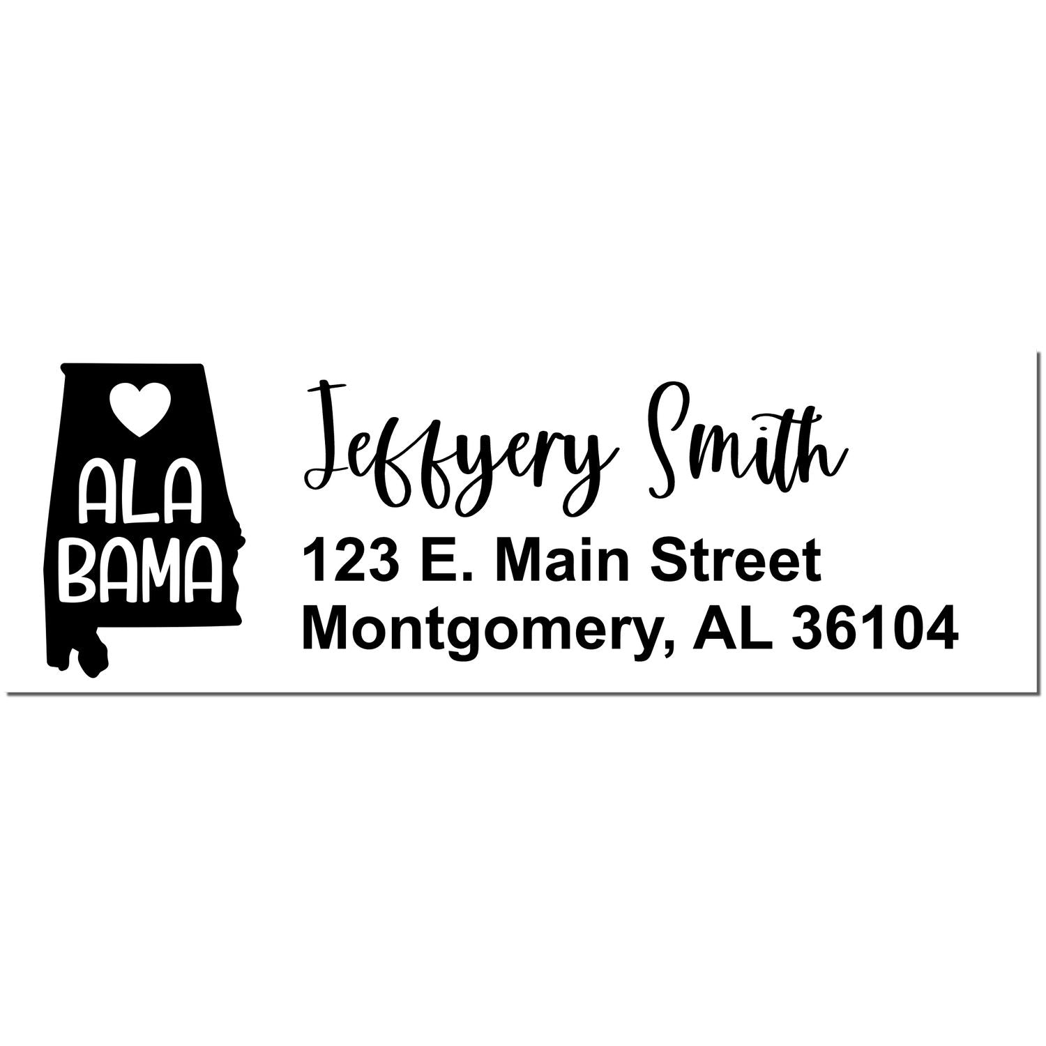 Alabama State Love Personalized Address Stamp featuring a heart and state outline, with custom name and address in stylish font. Perfect for adding a personal touch to your mail.