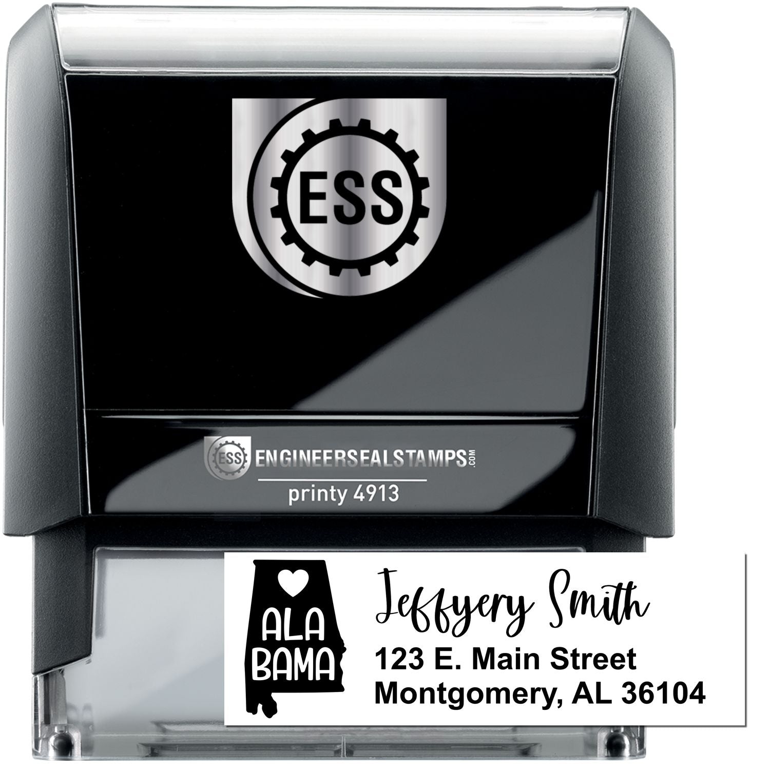 State Love of Alabama Custom Address Stamp Self-Inking, featuring a sleek black design with Alabama and address details. Perfect for personalizing mail with ease and style.