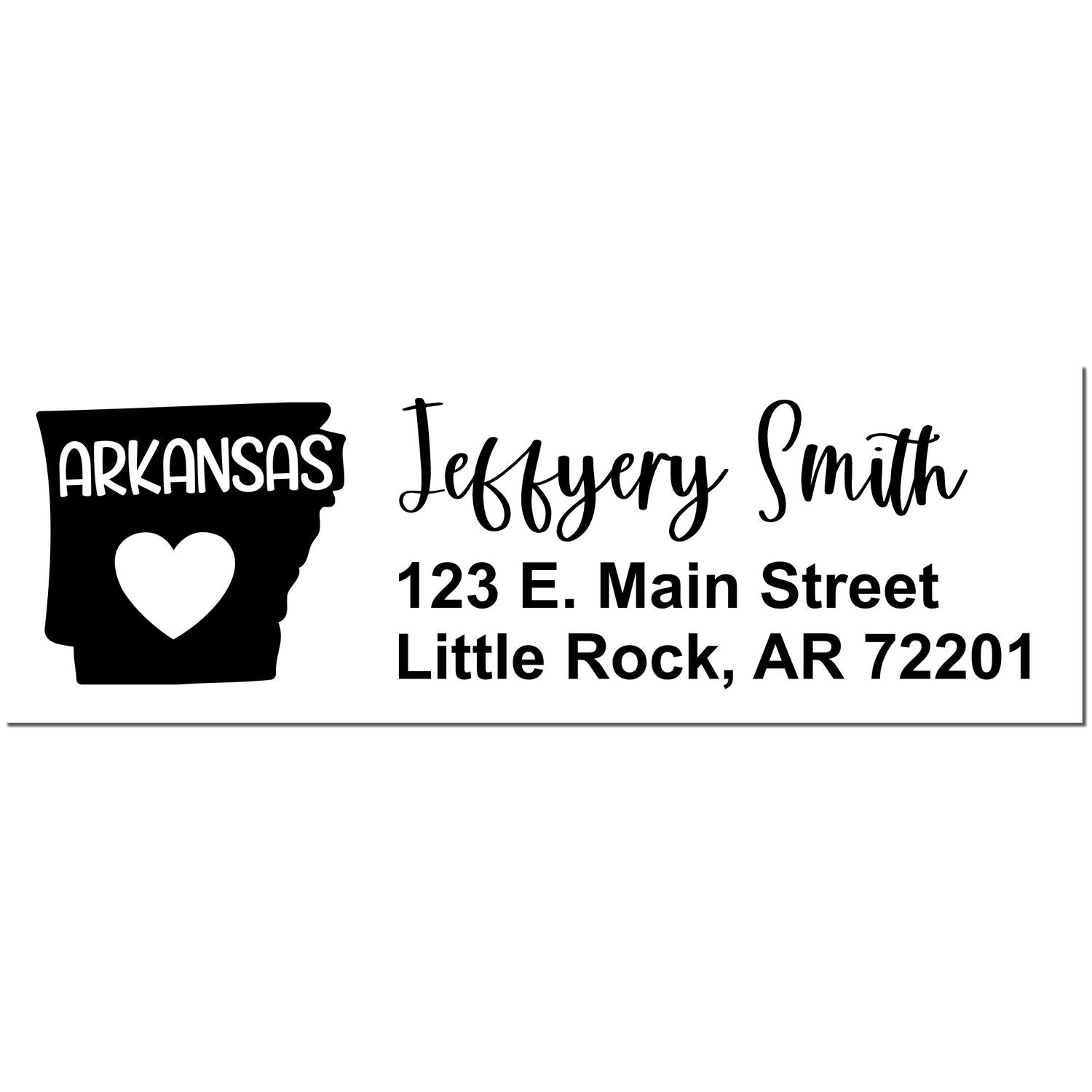 Slim Arkansas Custom Address Stamp for Envelopes featuring a heart design within the state outline, personalized with Jeffery Smith, 123 E. Main Street, Little Rock, AR 72201 in elegant script.