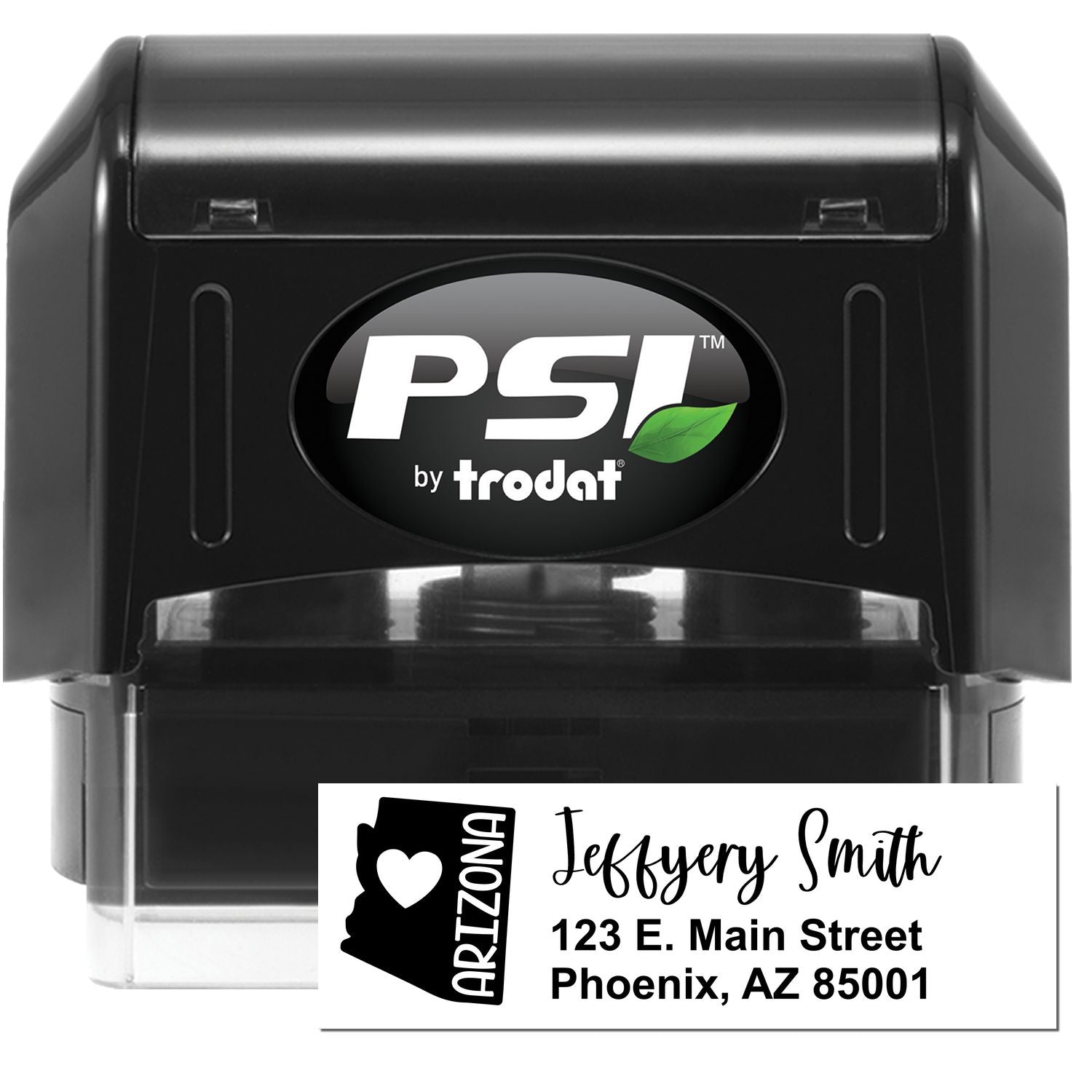 PSI Pre-Inked Arizona State Love Customized Address Stamp featuring a black casing with a heart and state outline design, personalized with name and address.