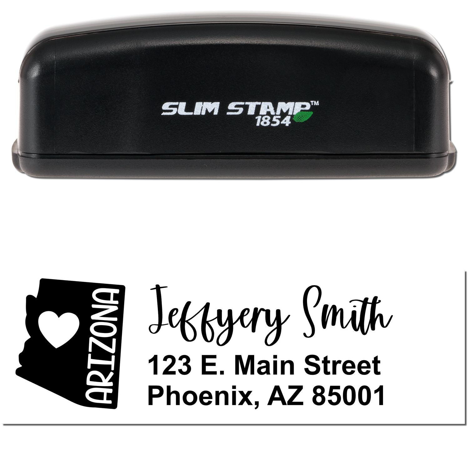 Image of a Slim Arizona Custom Address Stamp for Envelopes, featuring a black casing and a sample address with a heart and Arizona outline design.