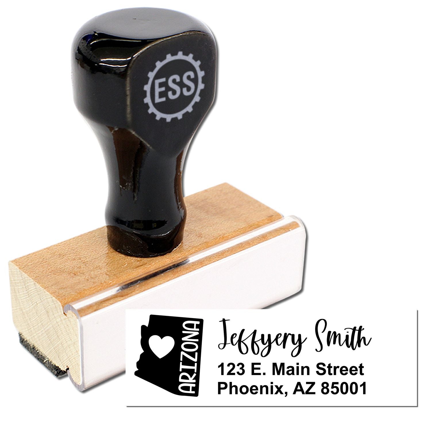 Arizona State Love Personalized Address Stamp with a wooden handle and black top. The stamp imprint shows Jeffery Smith, 123 E. Main Street, Phoenix, AZ 85001 alongside an Arizona state outline.