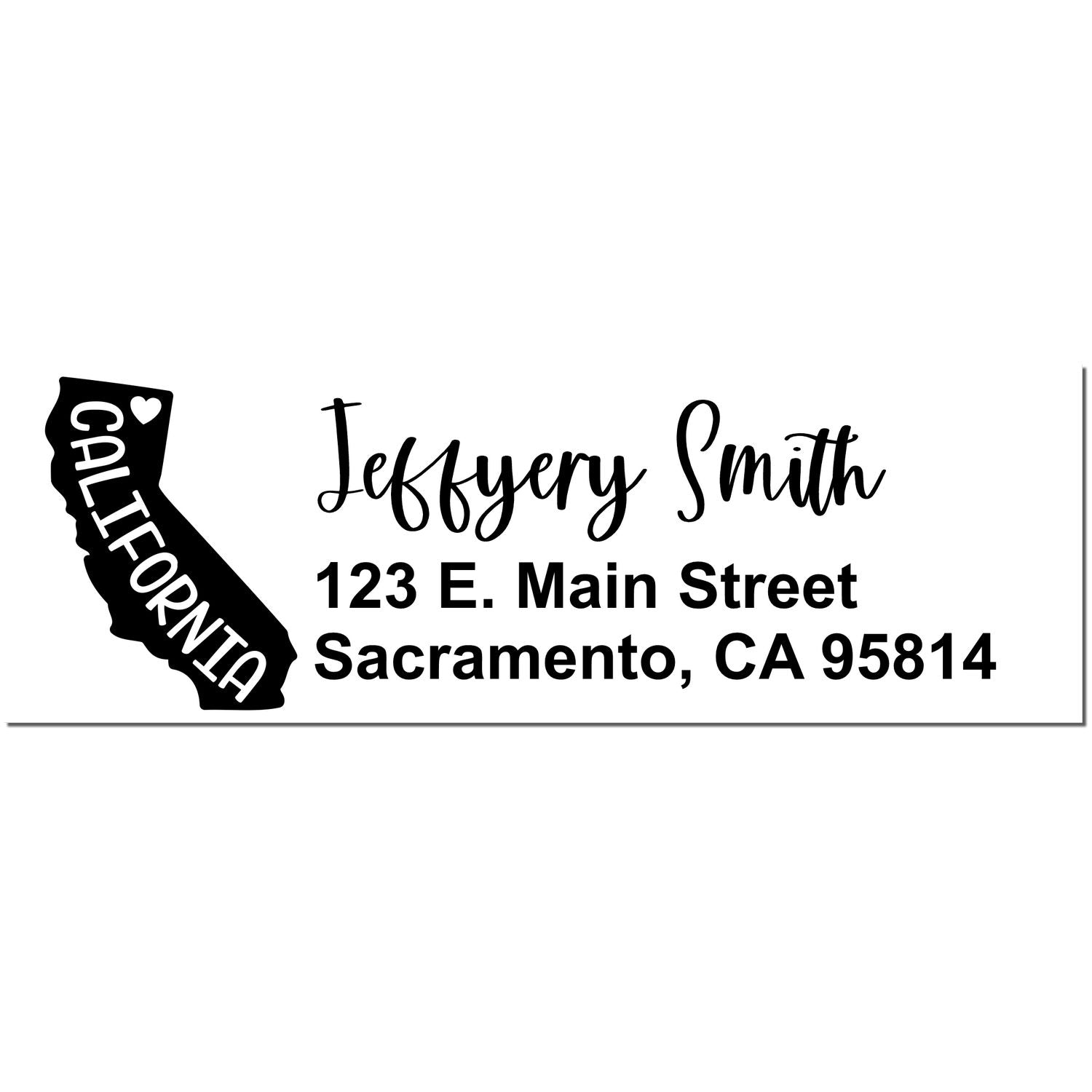 PSI Pre-Inked California State Love Customized Address Stamp featuring a black California silhouette with a heart, personalized with Jeffery Smith and an address in Sacramento, CA.