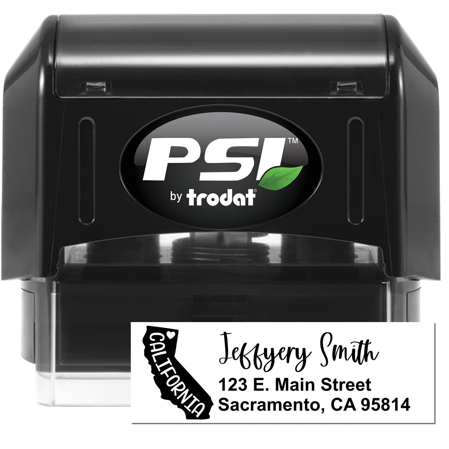 PSI Pre-Inked California State Love Customized Address Stamp with black casing, featuring a California state design and personalized address for Jeffery Smith, Sacramento, CA.