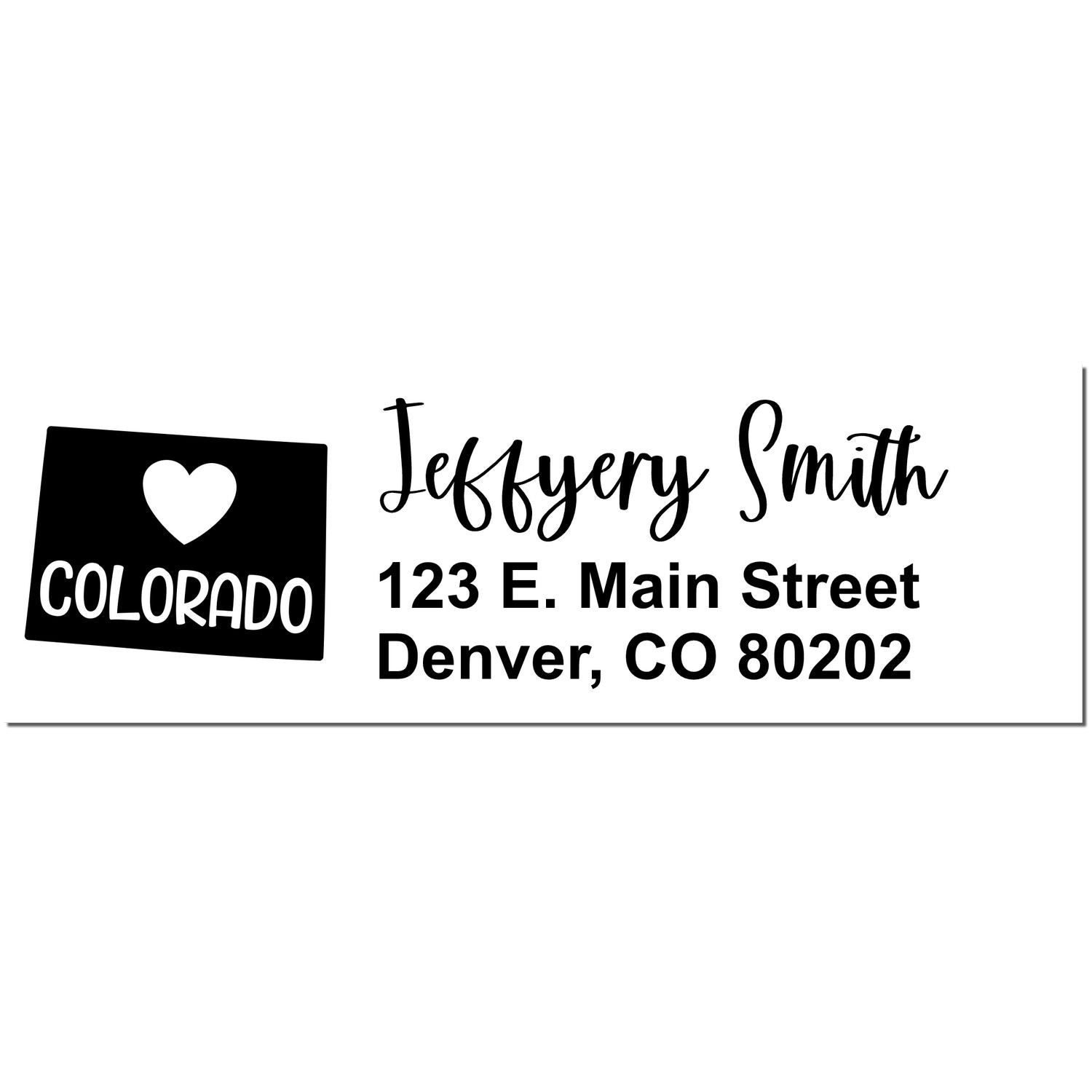 State Love of Colorado Custom Address Stamp Self-Inking design featuring a heart and Colorado text, with personalized address details in a stylish font.