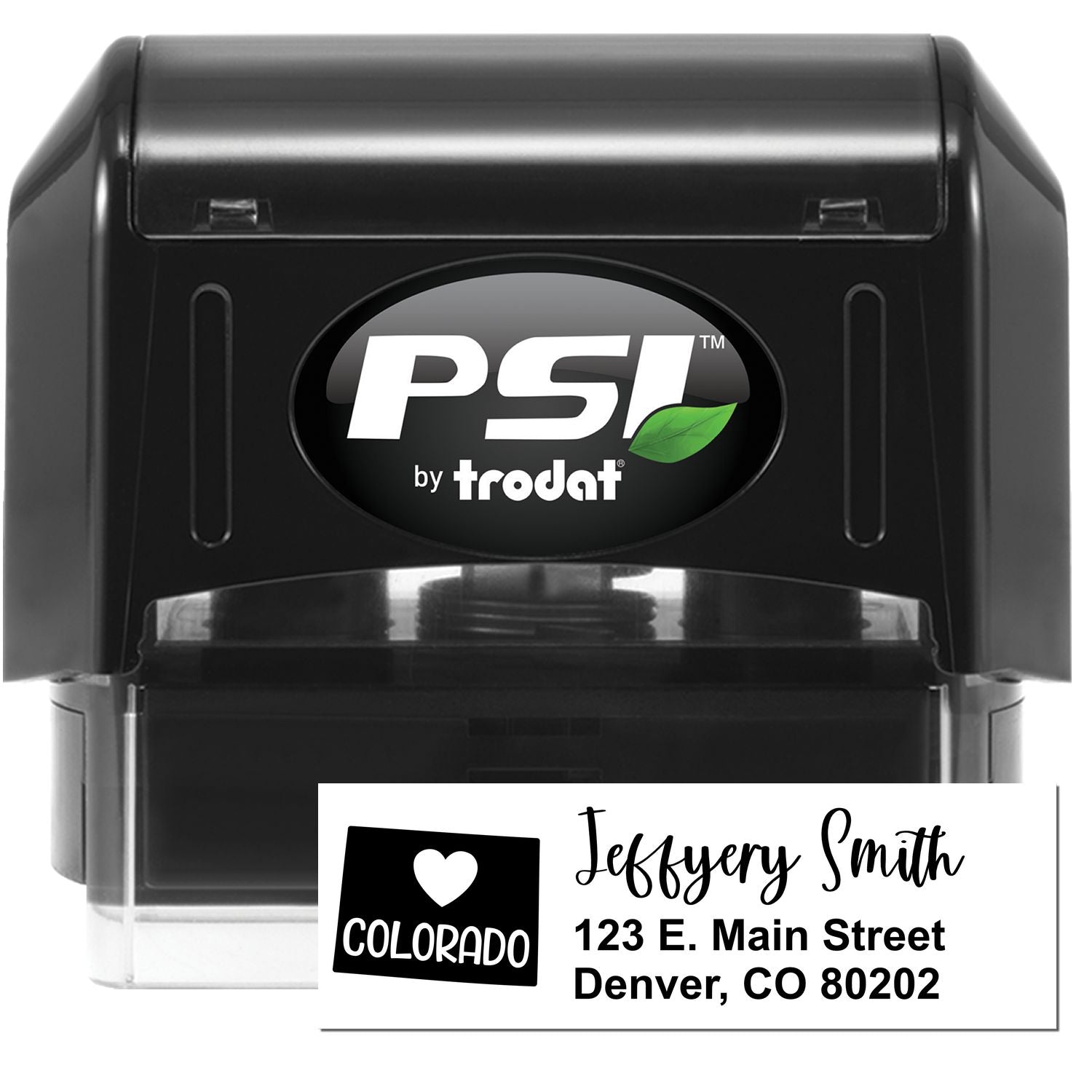 PSI Pre-Inked Colorado State Love Customized Address Stamp, featuring a black casing with a sample address label showing a heart and Colorado state outline.