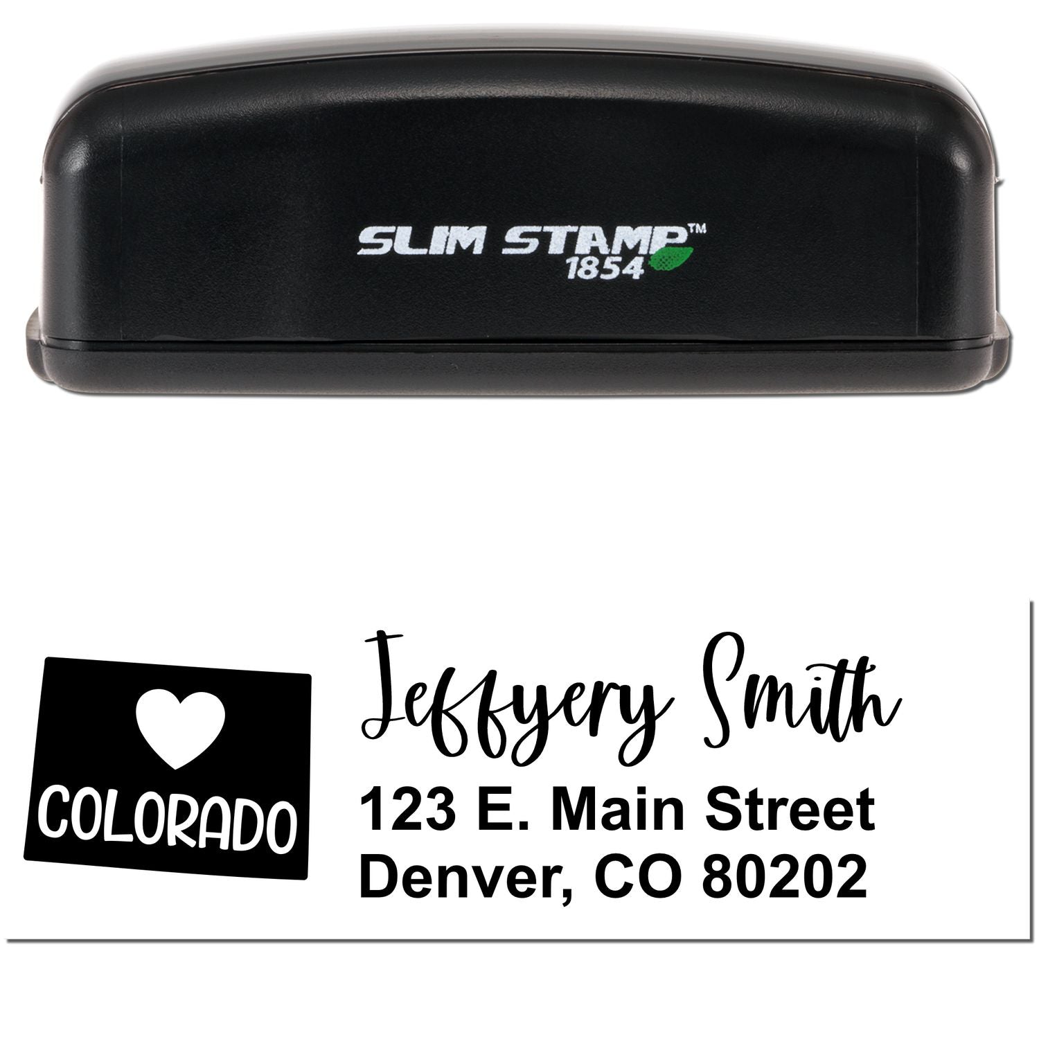 Slim Colorado Custom Address Stamp for Envelopes, featuring a sleek black design with Slim Stamp 1854 branding. Includes a sample address: Jeffery Smith, 123 E. Main Street, Denver, CO 80202.