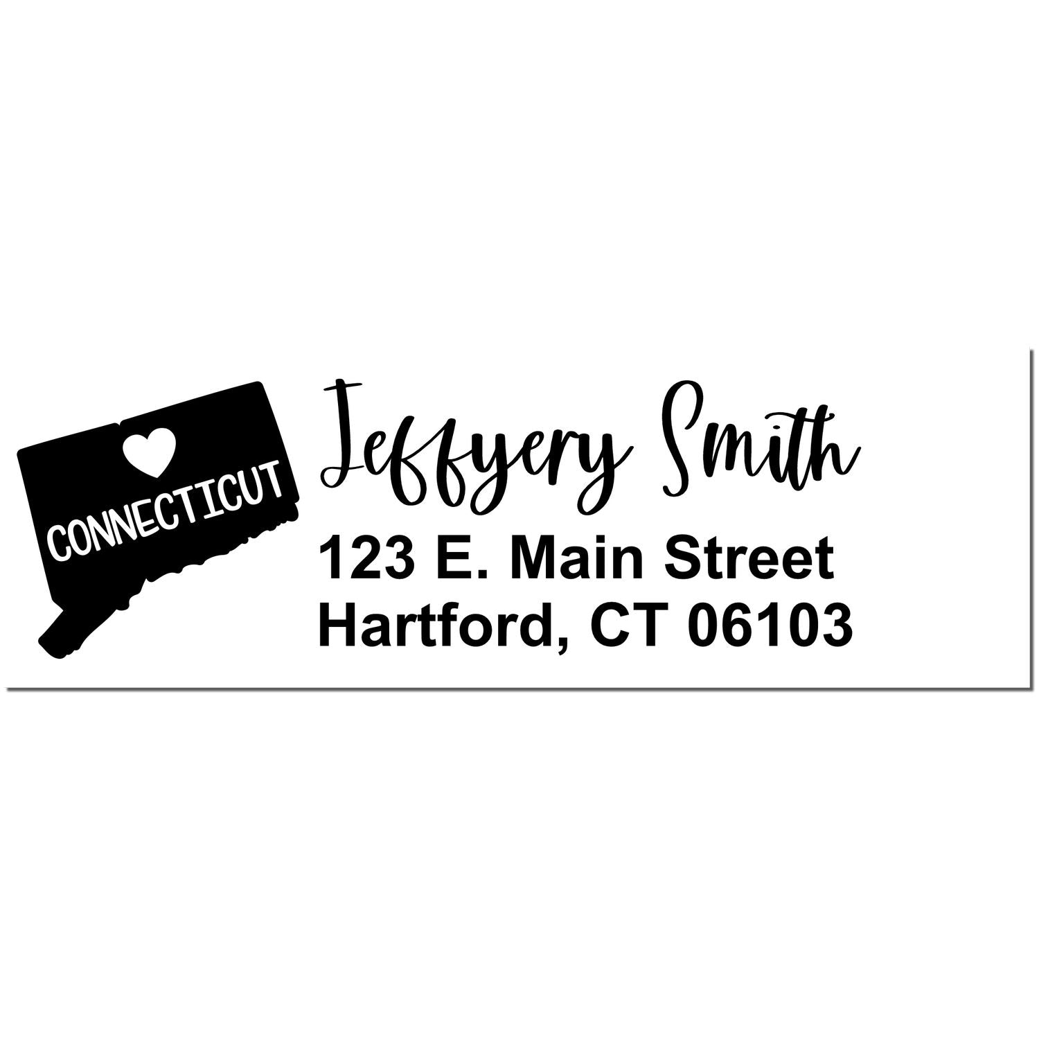 PSI Pre-Inked Connecticut State Love Customized Address Stamp showing a heart over Connecticut map, personalized with 'Jeffery Smith, 123 E. Main Street, Hartford, CT 06103' in elegant font.