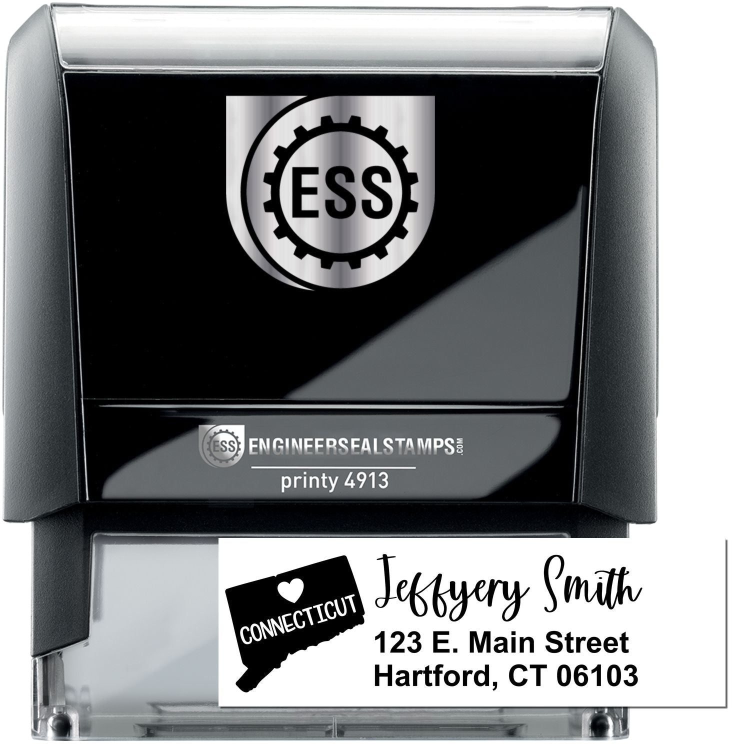 State Love of Connecticut Custom Address Stamp Self-Inking, featuring a black design with a heart over Connecticut, personalized with Jeffery Smith, 123 E. Main Street, Hartford, CT 06103.