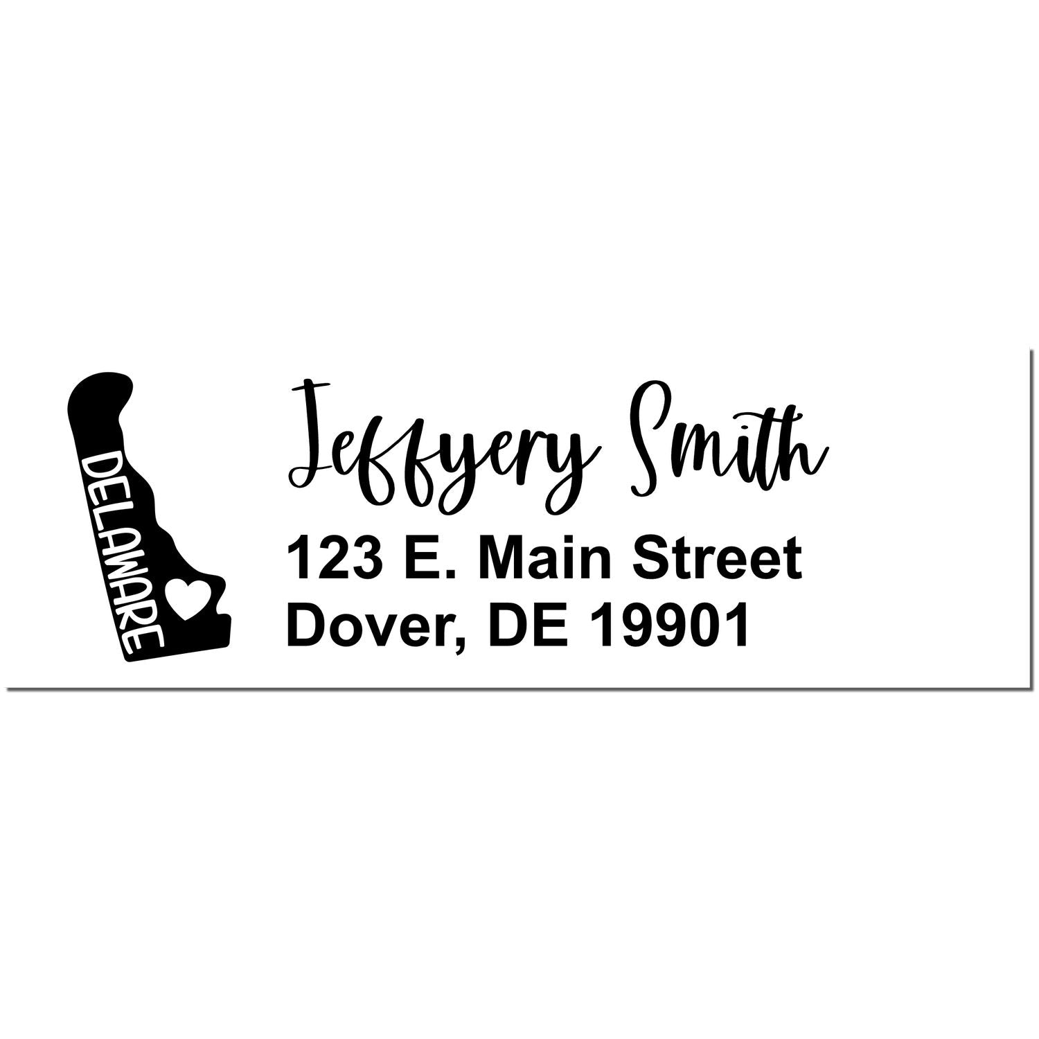 Slim Delaware Custom Address Stamp for Envelopes featuring a Delaware state outline with heart, personalized with Jeffery Smith, 123 E. Main Street, Dover, DE 19901 in elegant black font.