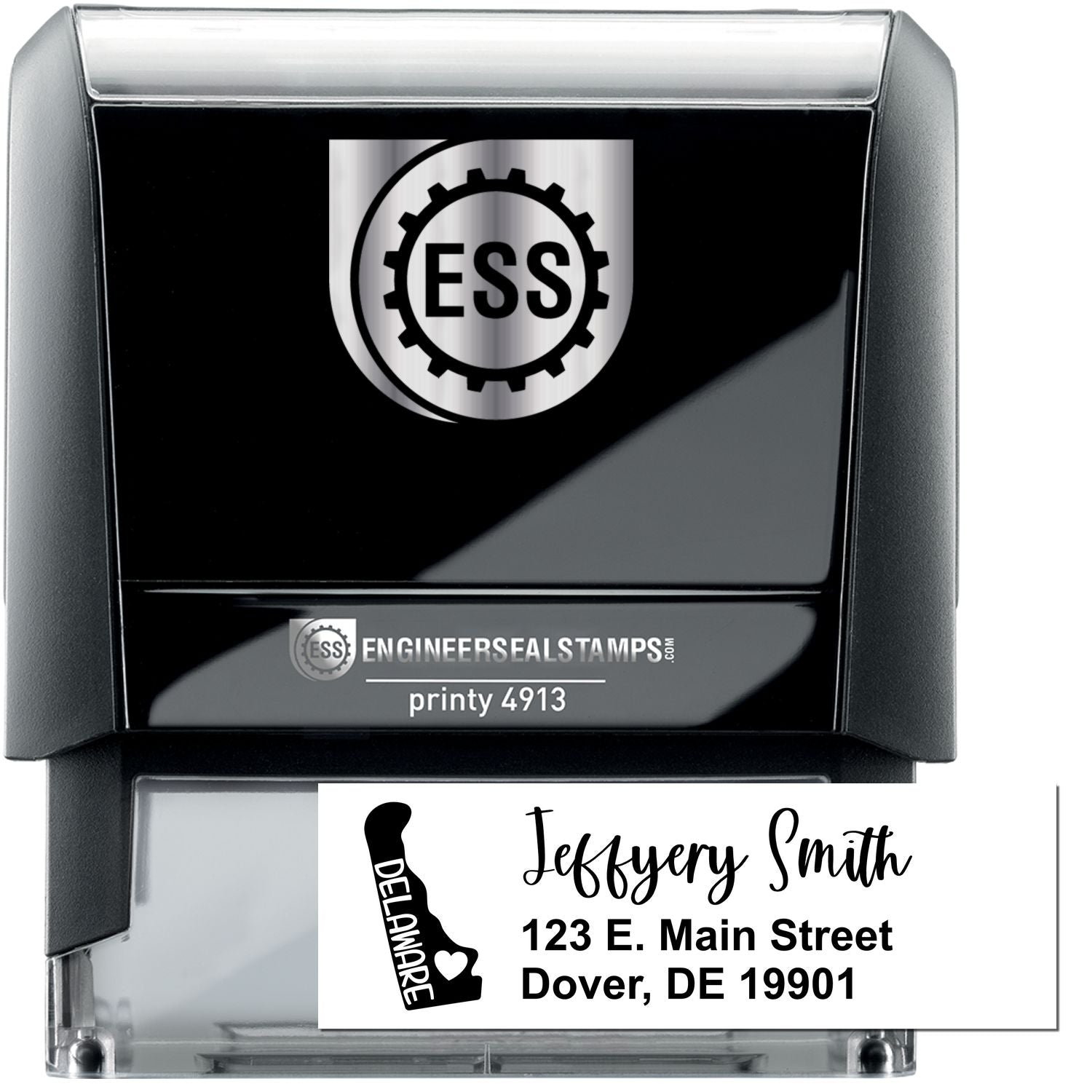 State Love of Delaware Custom Address Stamp Self-Inking, featuring a sleek black design with Delaware and a sample address: Jeffery Smith, 123 E. Main Street, Dover, DE 19901.