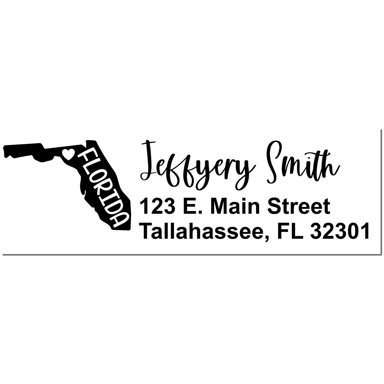 State Love of Florida Custom Address Stamp Self-Inking featuring a Florida map with a heart, personalized with the name Jeffery Smith and address in Tallahassee, FL. Black ink imprint.