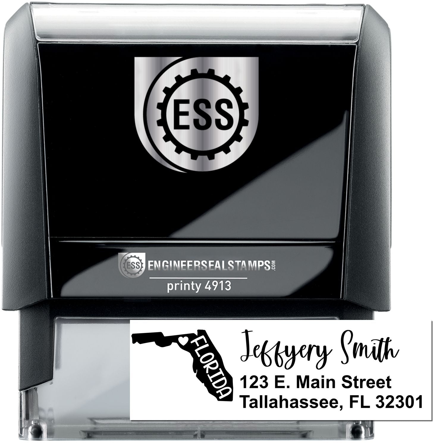 State Love of Florida Custom Address Stamp Self-Inking, featuring a black design with Florida and a heart, personalized with name and address. Perfect for adding a personal touch to mail.