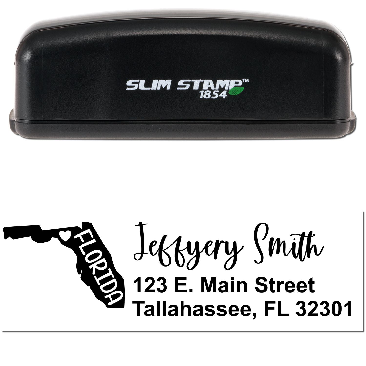 Slim Florida Custom Address Stamp for Envelopes featuring a sleek black design with Slim Stamp 1854 branding. Includes a sample address with a Florida state outline and heart graphic.