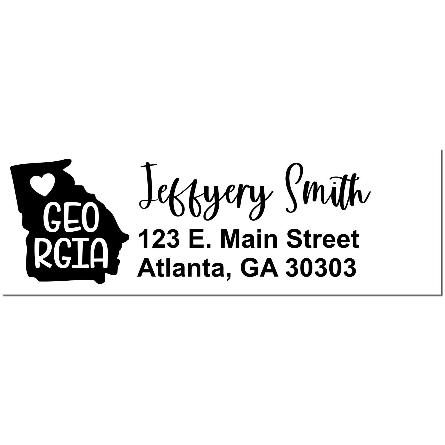 Georgia State Love Personalized Address Stamp featuring a heart in the state outline, with Jeffery Smith, 123 E. Main Street, Atlanta, GA 30303 in elegant script.