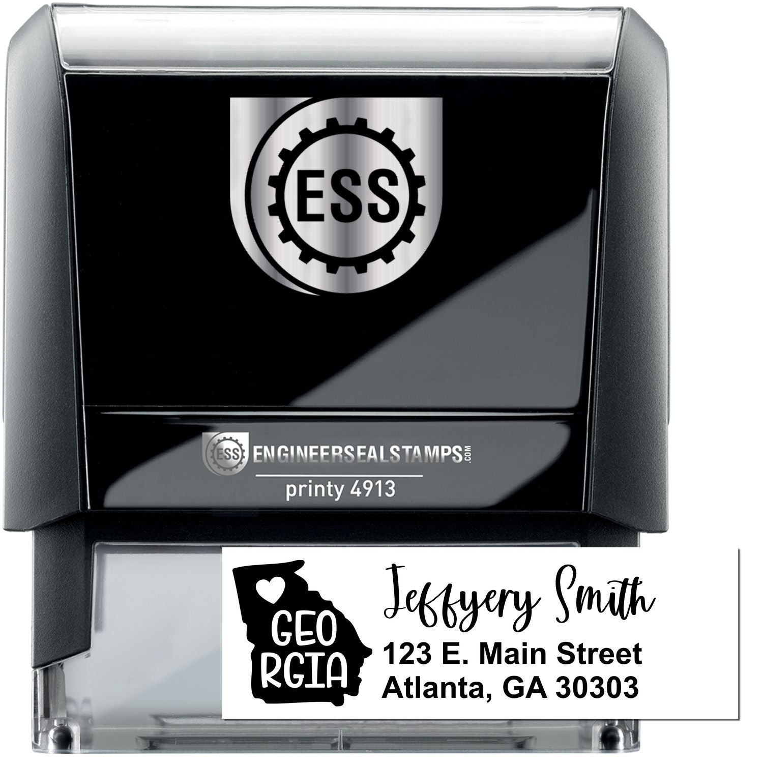 State Love of Georgia Custom Address Stamp Self-Inking, featuring a black casing with ESS logo. Includes a sample address: Jeffery Smith, 123 E. Main Street, Atlanta, GA 30303, with a Georgia state outline.