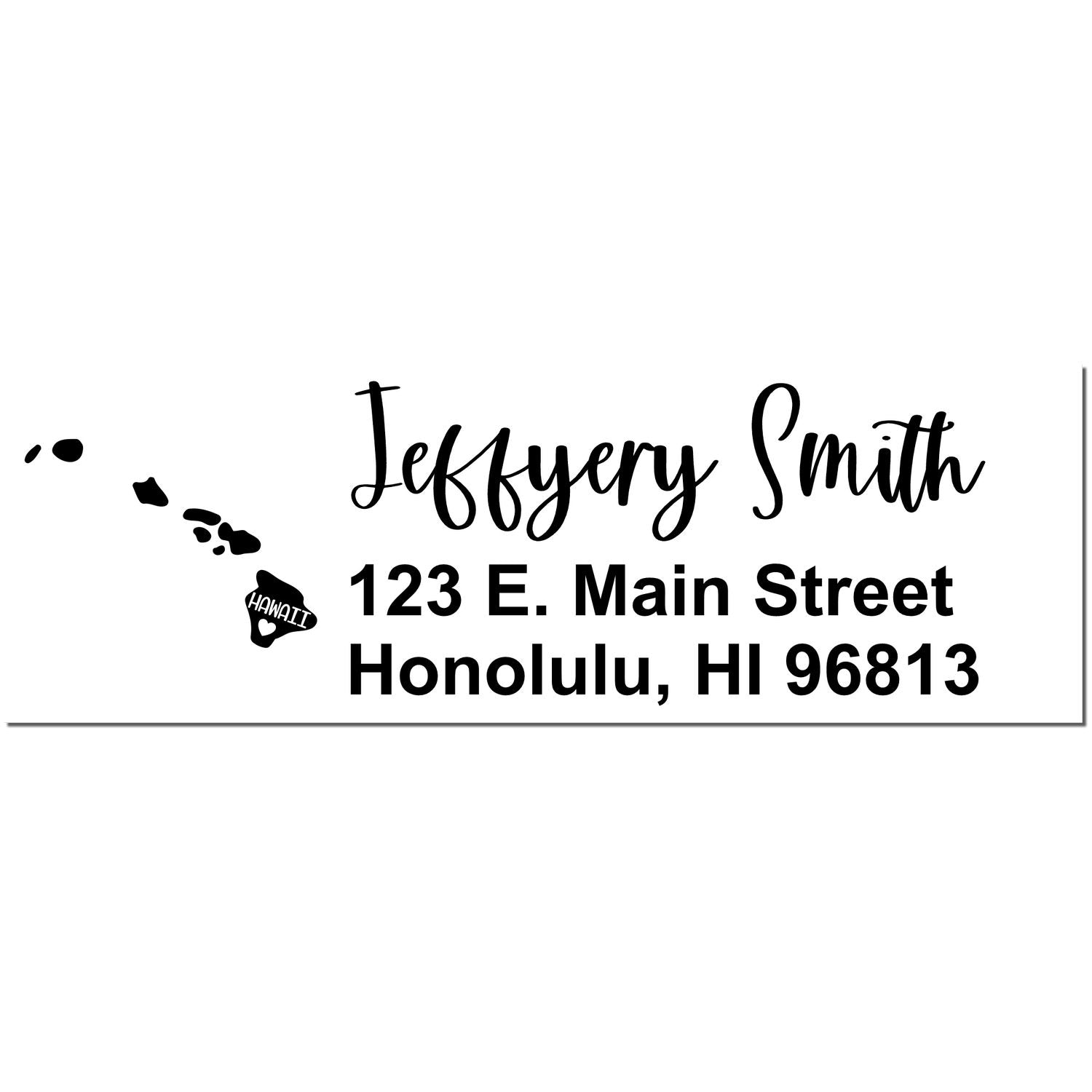 Hawaii State Love Personalized Address Stamp featuring a map of Hawaii, personalized name, and address in elegant script. Perfect for adding a unique touch to your mail.