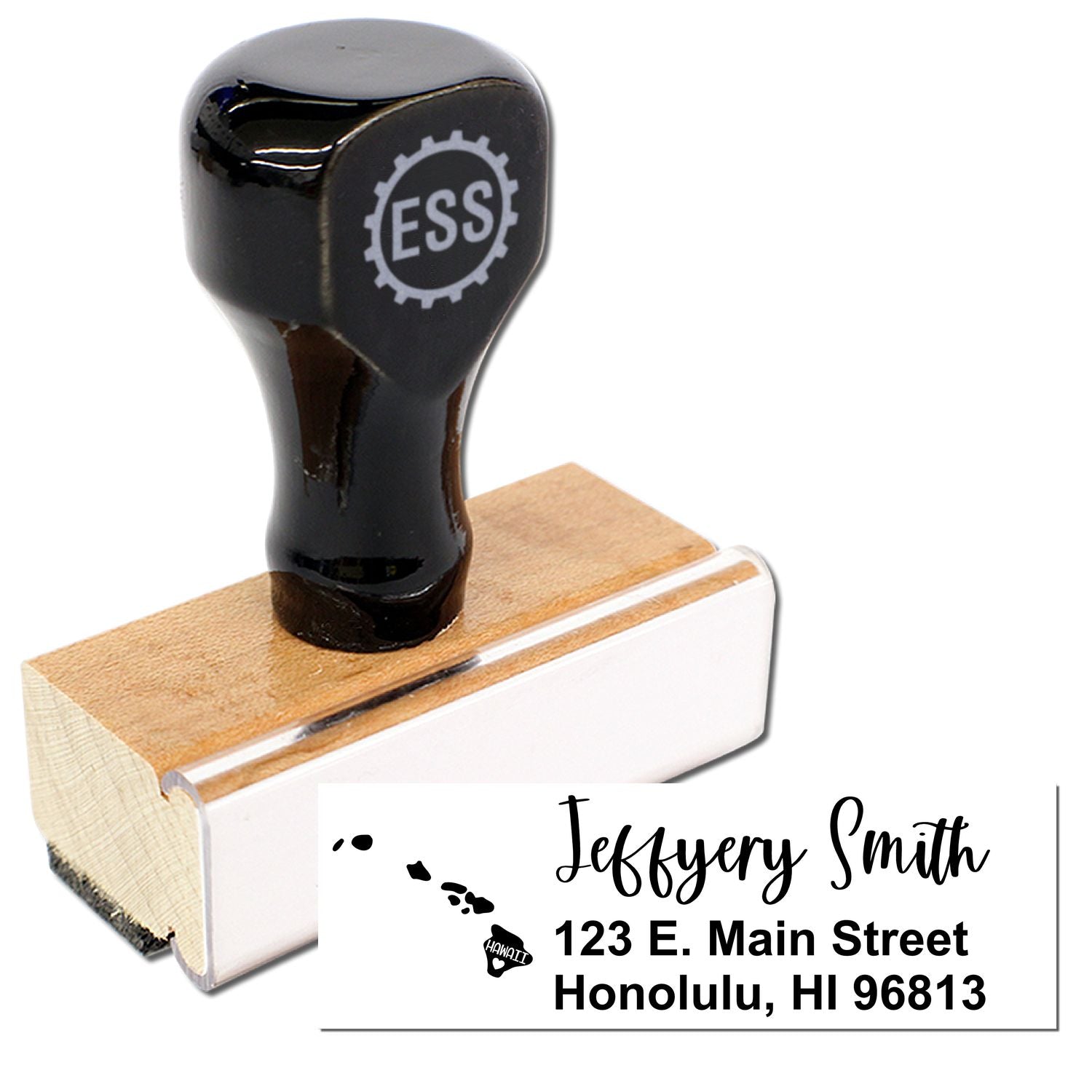 Image of the Hawaii State Love Personalized Address Stamp with a wooden handle and black top, featuring a sample address: Jeffery Smith, 123 E. Main Street, Honolulu, HI 96813, alongside a Hawaii map outline.